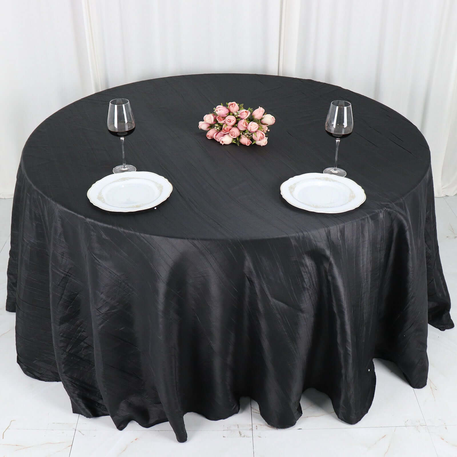 Taffeta 132 Round Tablecloth Black - Seamless Accordion Crinkle Design for Exquisite Occasions