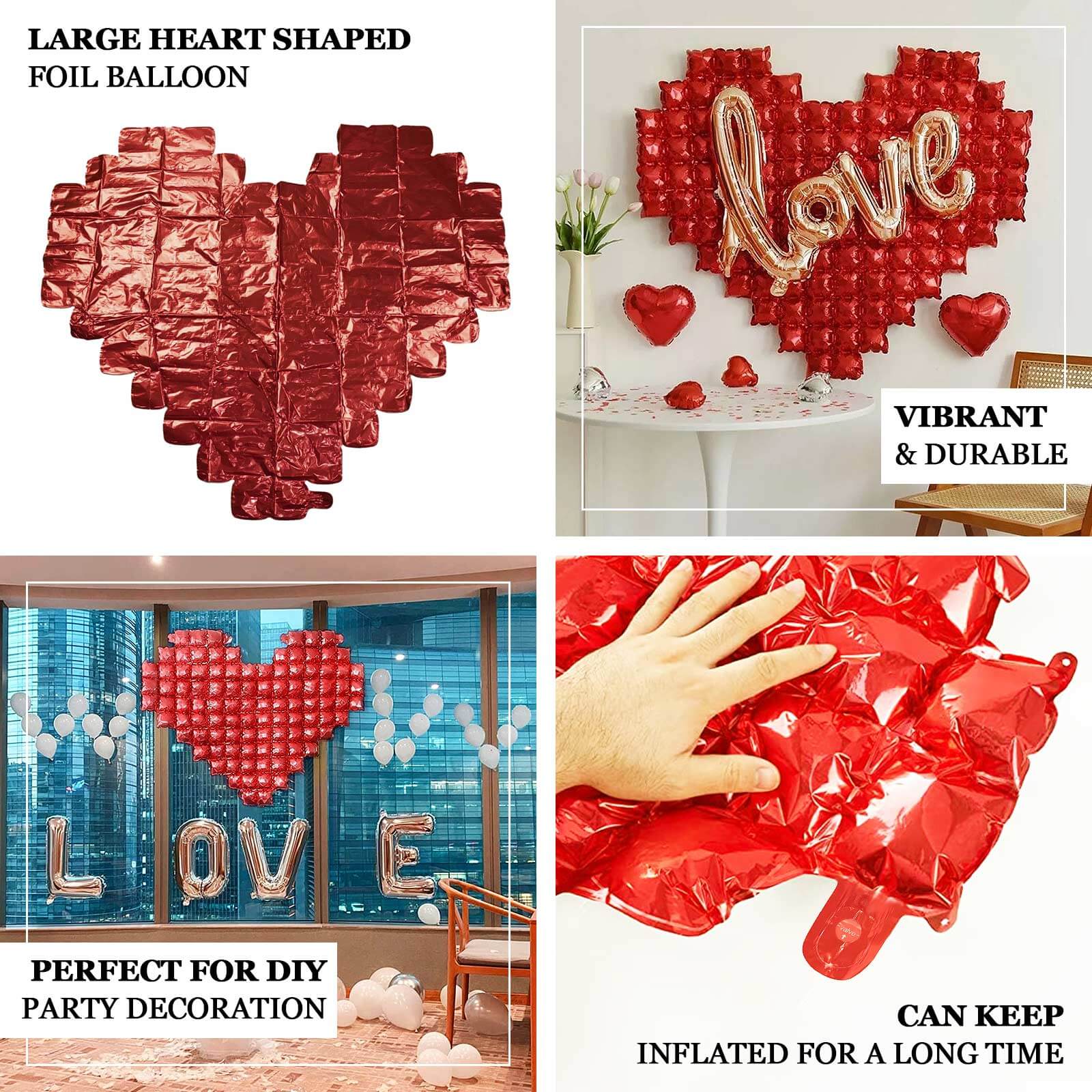 41x36 Metallic Red Giant Heart Mylar Foil Balloon, Photo Backdrop Balloon Quilt