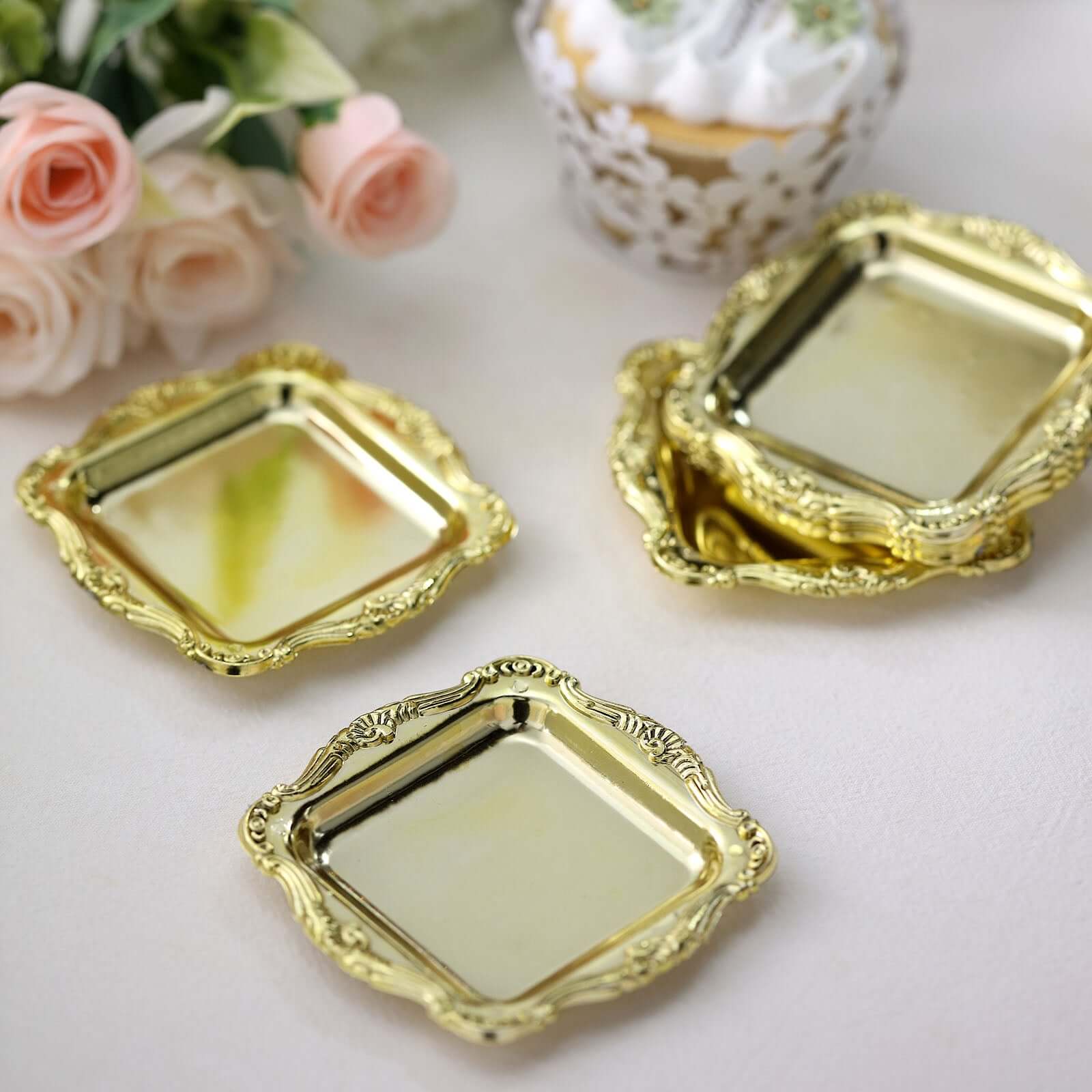 12 Pack 3 Gold Baroque Mini Square Sweet Treats Serving Platter, Party Favor Candy Display Tray