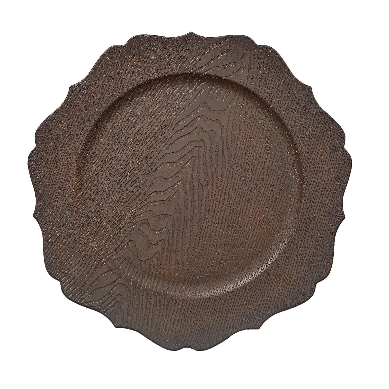 6-Pack Acrylic Round Charger Plates 13 in Rustic Brown with Wood Grain Scalloped Rim, Decorative Dinner Party Charger Tableware