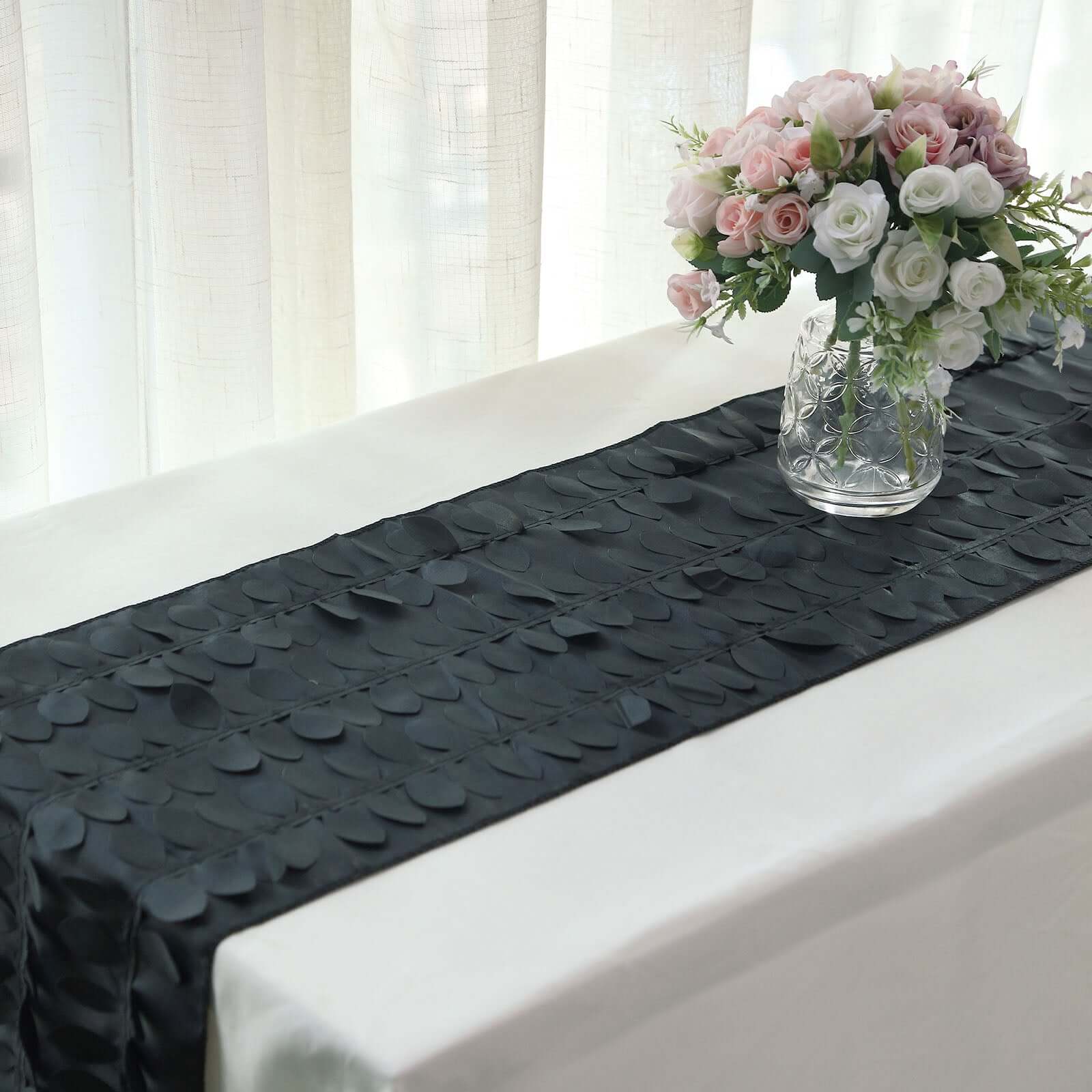 Taffeta Fabric 12x108 Table Runner Black - 3D Leaf Petal Design