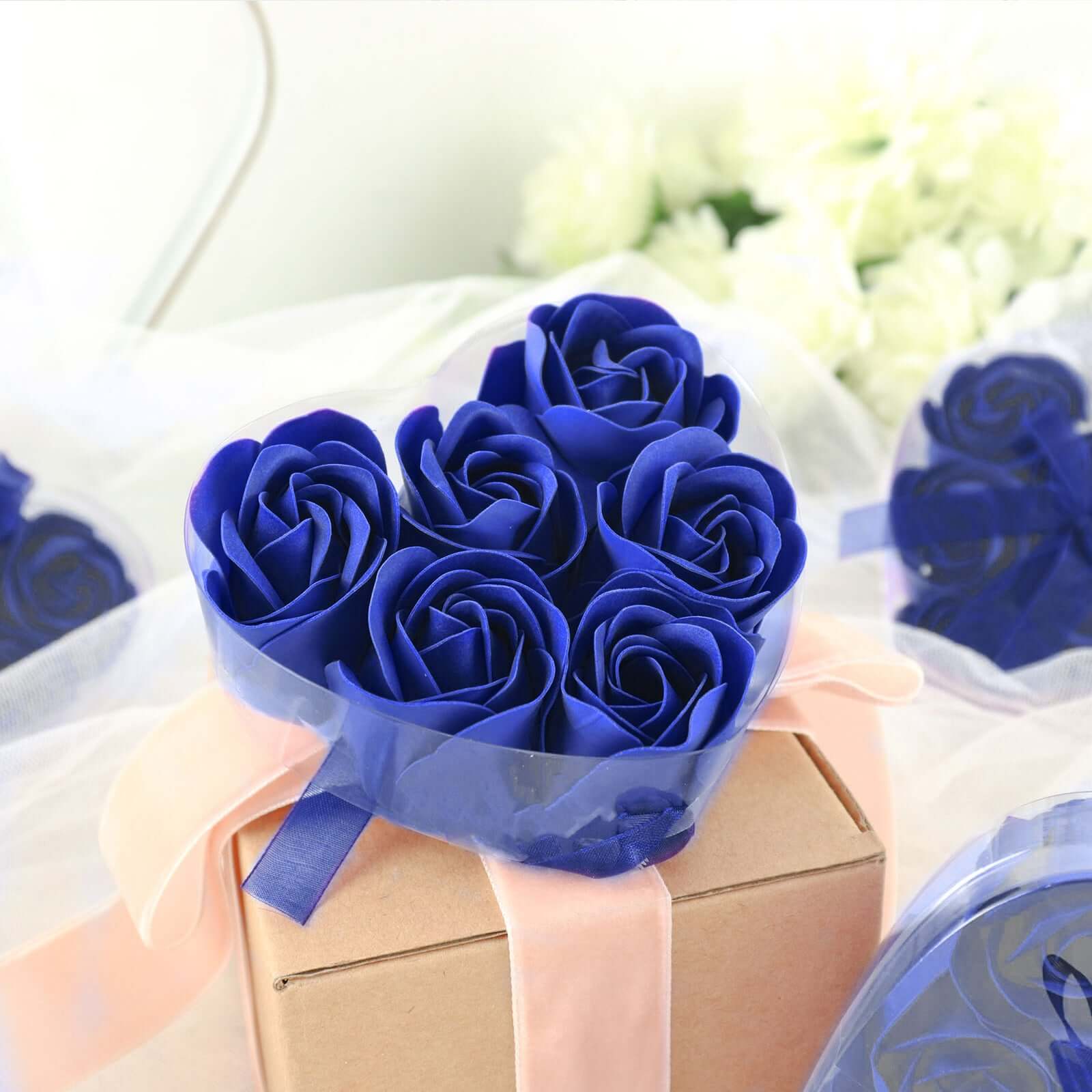 4 Pack 24 Pcs Royal Blue Scented Rose Soap Heart Shaped Party Favors With Gift Boxes And Ribbon