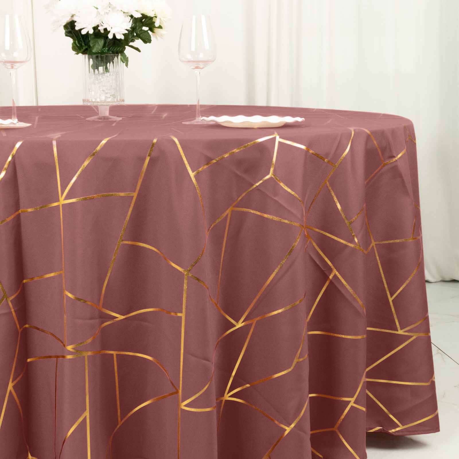 Polyester 120 Round Tablecloth Cinnamon Rose with Gold Foil Geometric Pattern Wrinkle-Resistant Seamless Table Cover