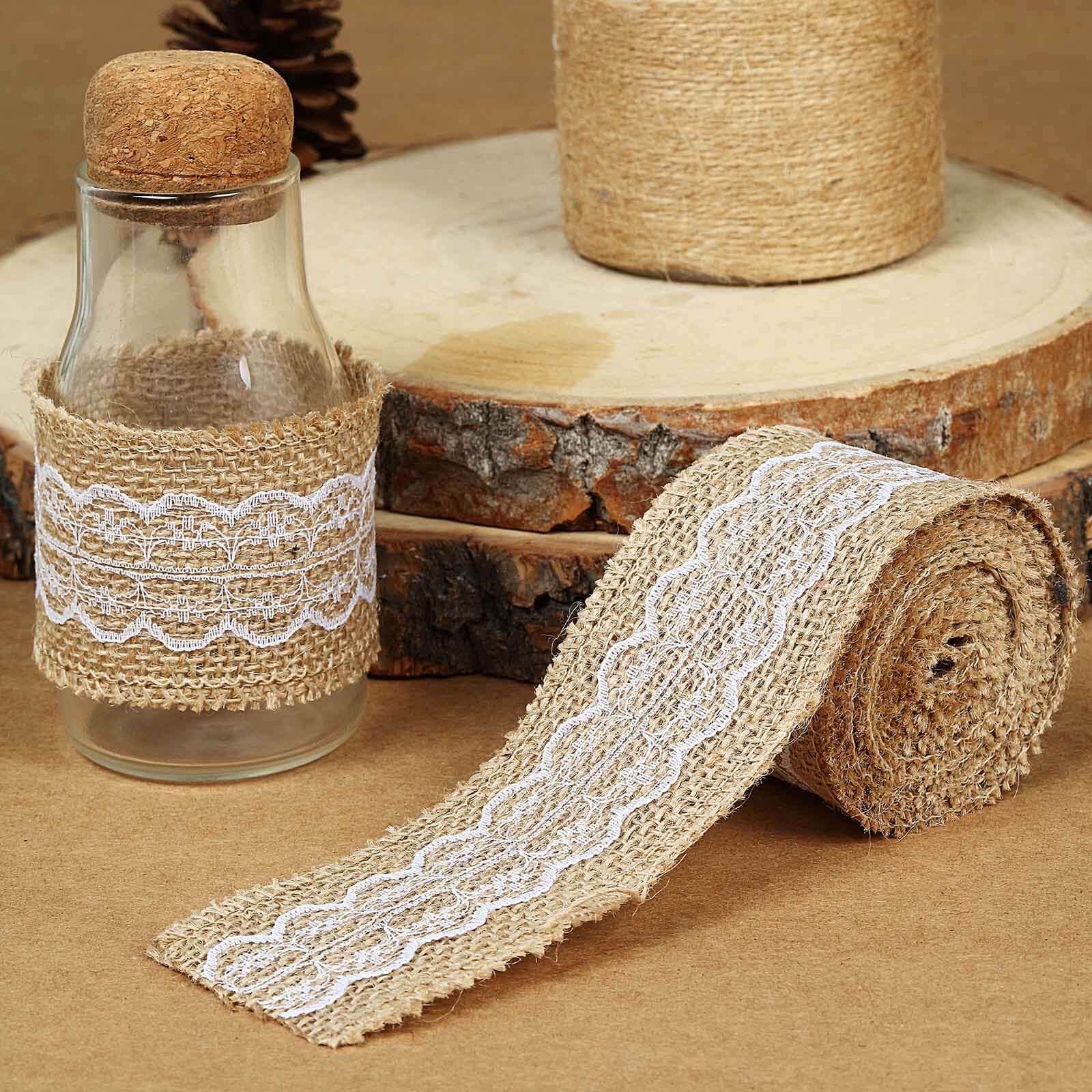 2 x 16FT Natural Jute Burlap Ribbon With Wavy Lace