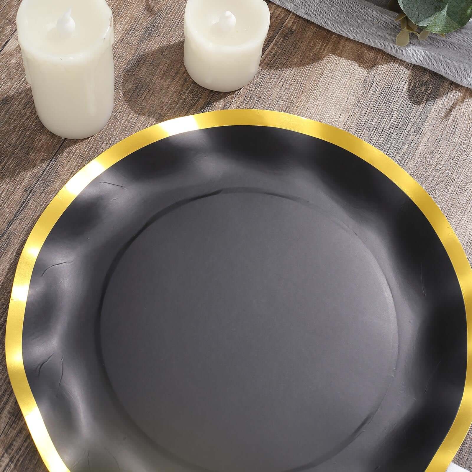 25-Pack Paper Round Dinner Plates 10 Matte Black with Gold Wavy Rim - Disposable 350GSM Party Plates