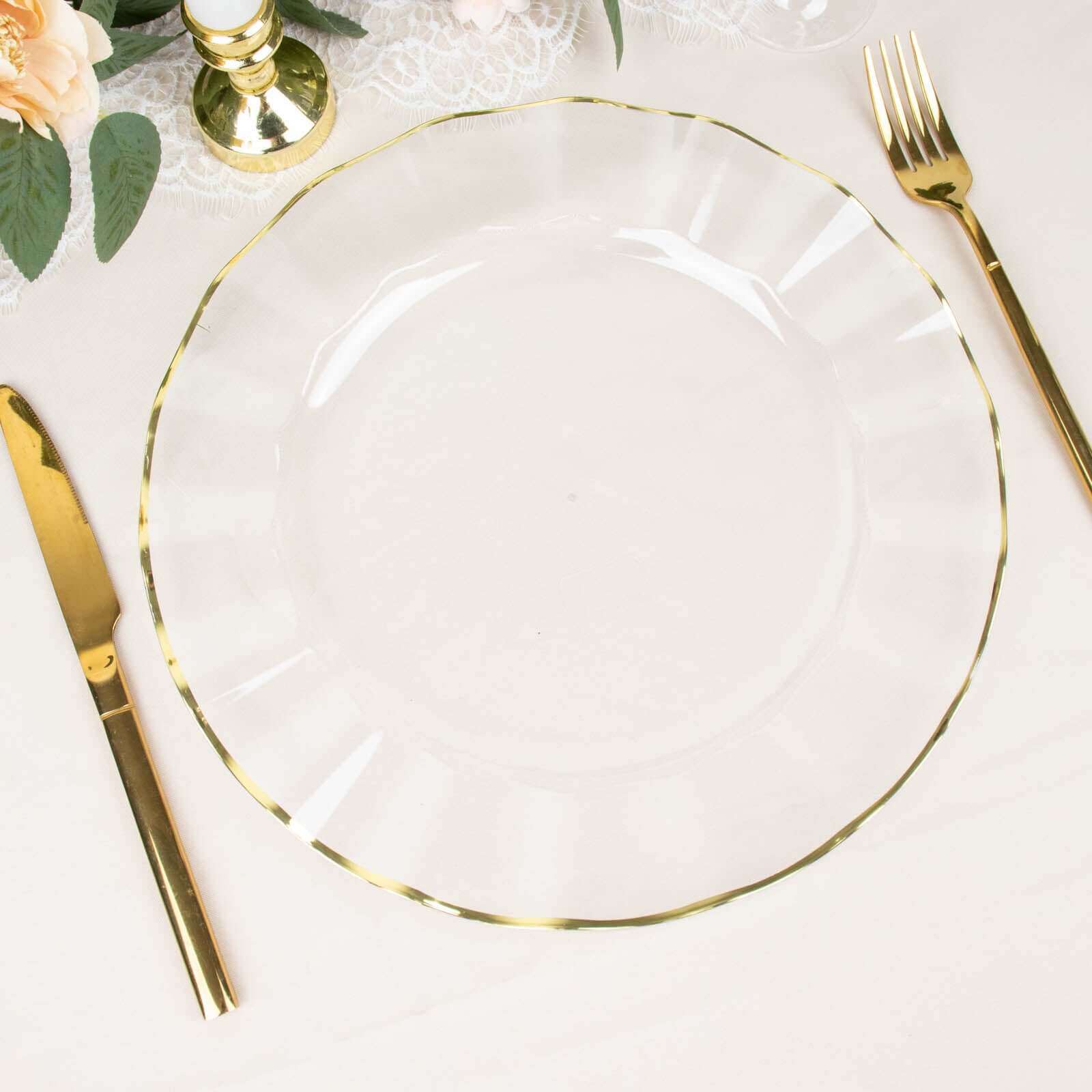 10-Pack Plastic 11 Round Dinner Plates in Clear Ruffled Rim with Gold Edging - Sturdy Disposable Dinnerware