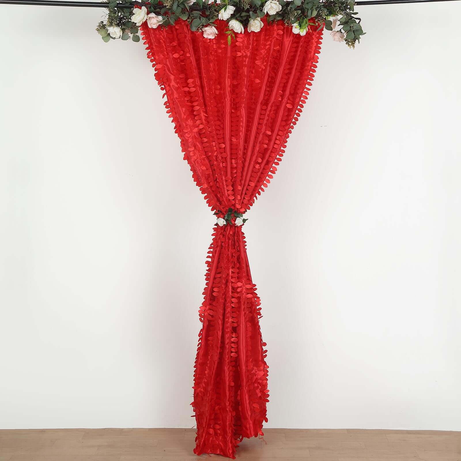 8ftx8ft Red 3D Leaf Petal Taffeta Event Curtain Drapes, Backdrop Event Panel With Rod Pocket