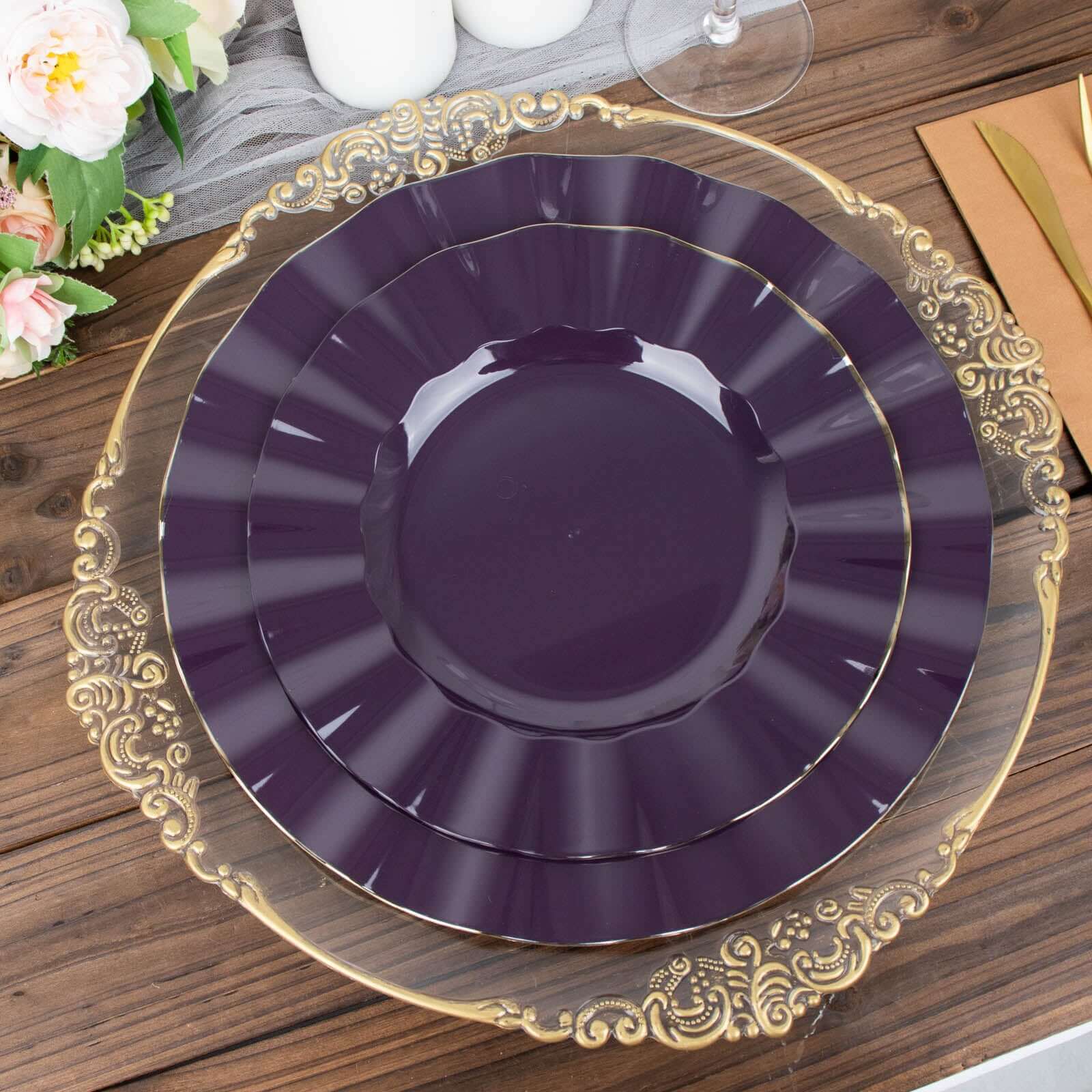 10-Pack Plastic 9 Round Dinner Plates in Purple Ruffled Rim with Gold Edging - Sturdy Disposable Dinnerware