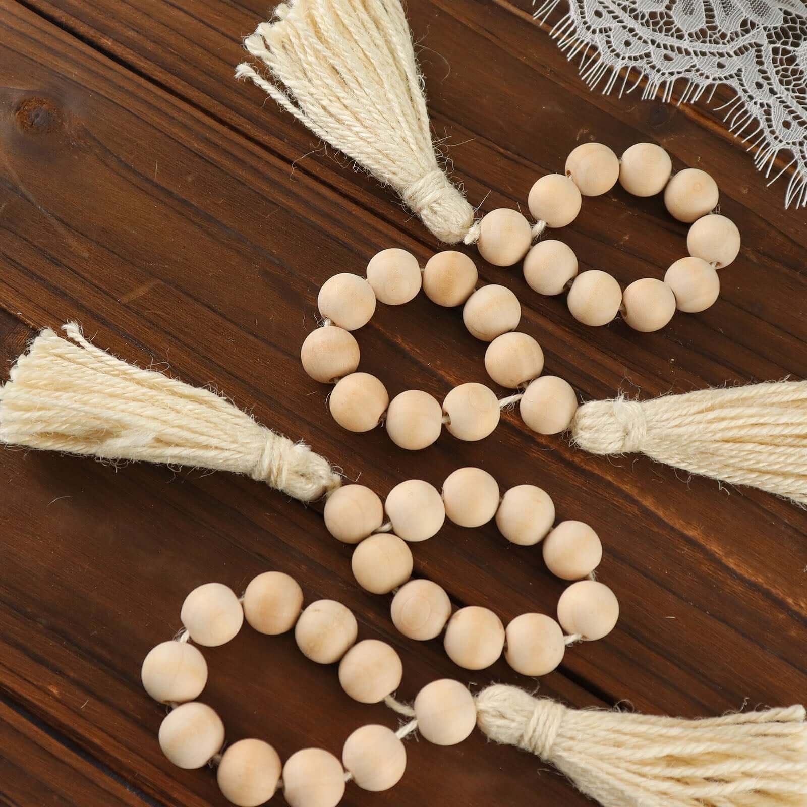 4 Pack 6 Cream Rustic Boho Chic Wood Bead Napkin Rings With Tassels, Farmhouse Country Napkin Holders