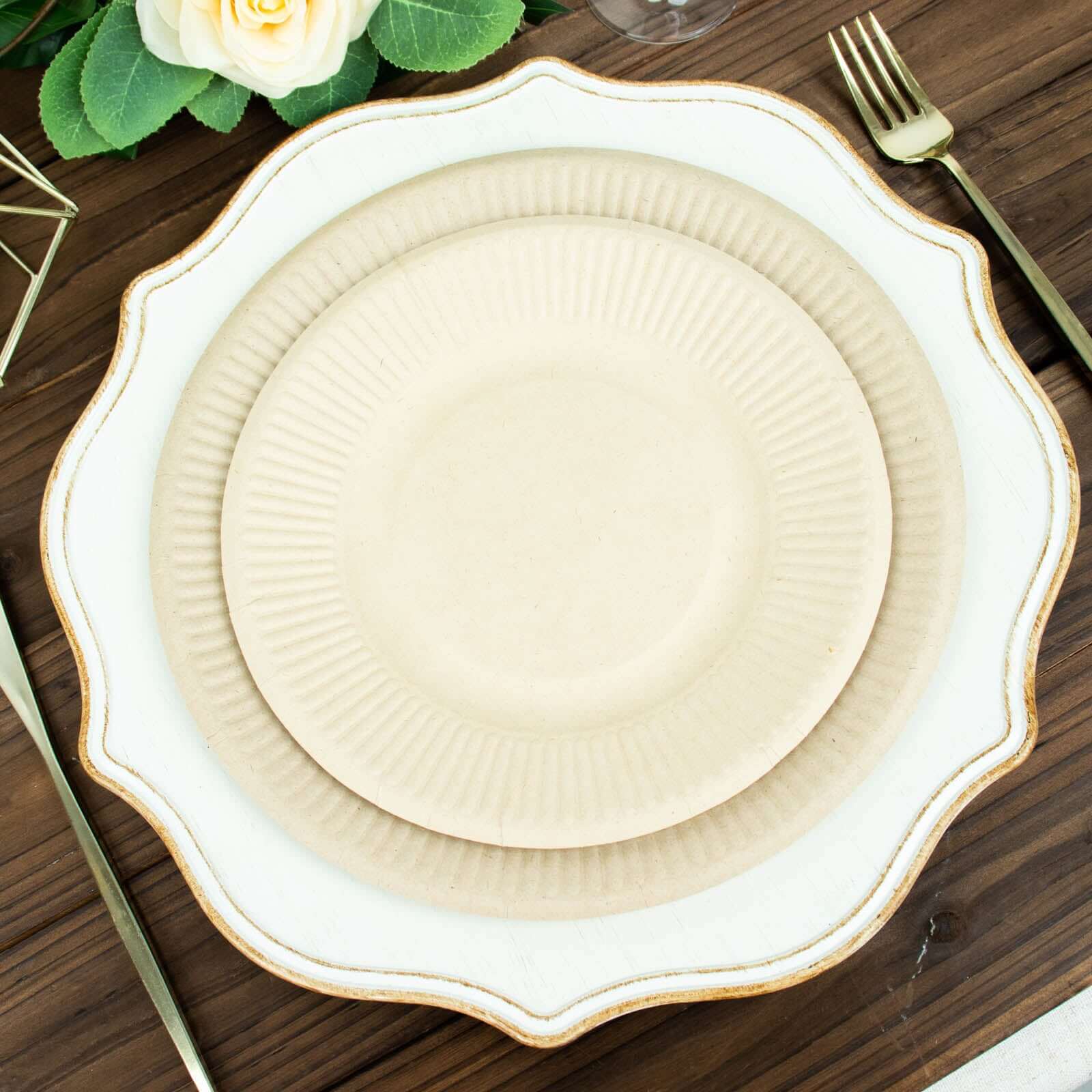 50-Pack Bagasse 10 Round Dinner Plates in Natural with Ribbed Rim - Eco Friendly Biodegradable Sugarcane Party Plates for Events