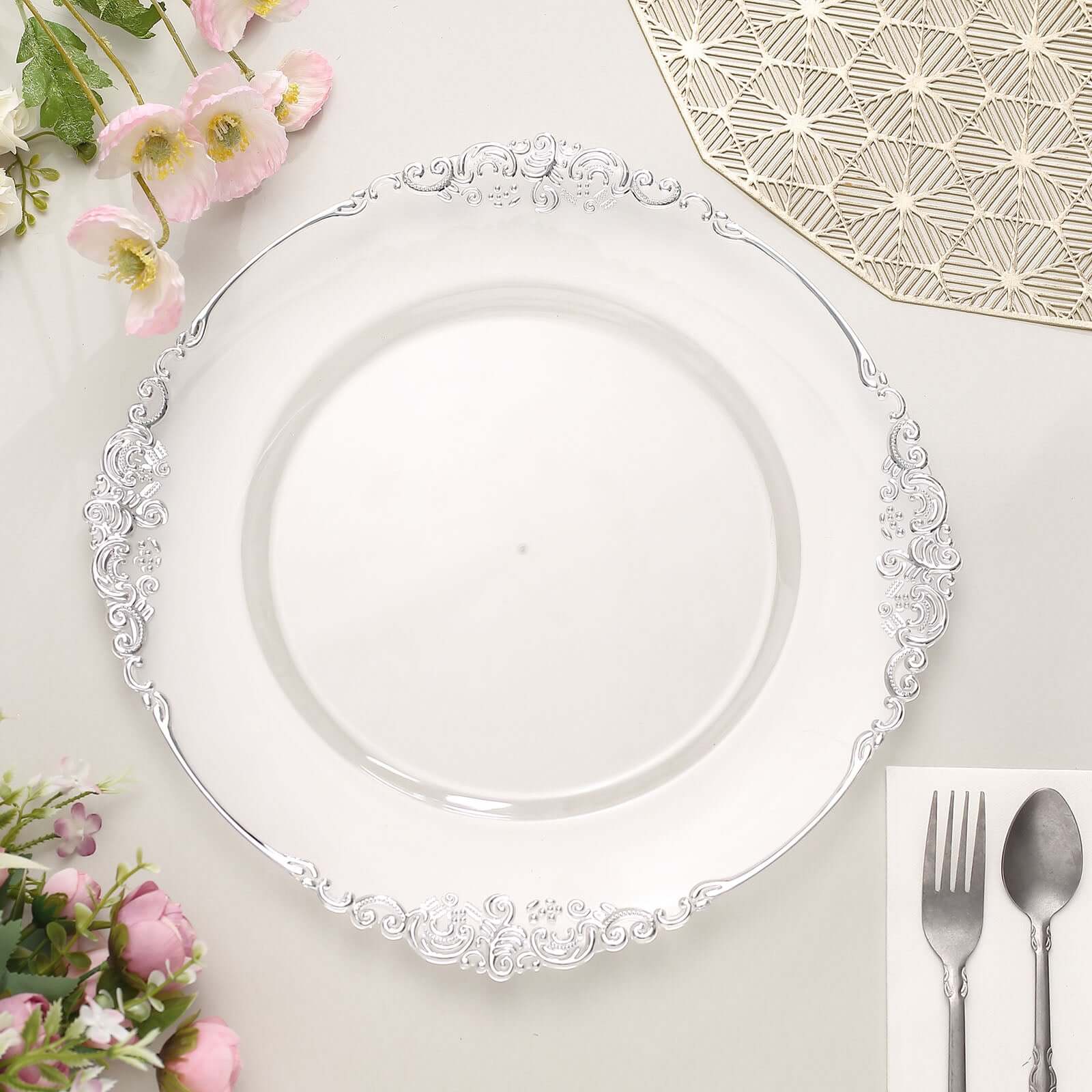 6-Pack Acrylic Round Charger Plates 13 in Clear with Silver Embossed Baroque Rim, Antique Decorative Dinner Party Charger Tableware