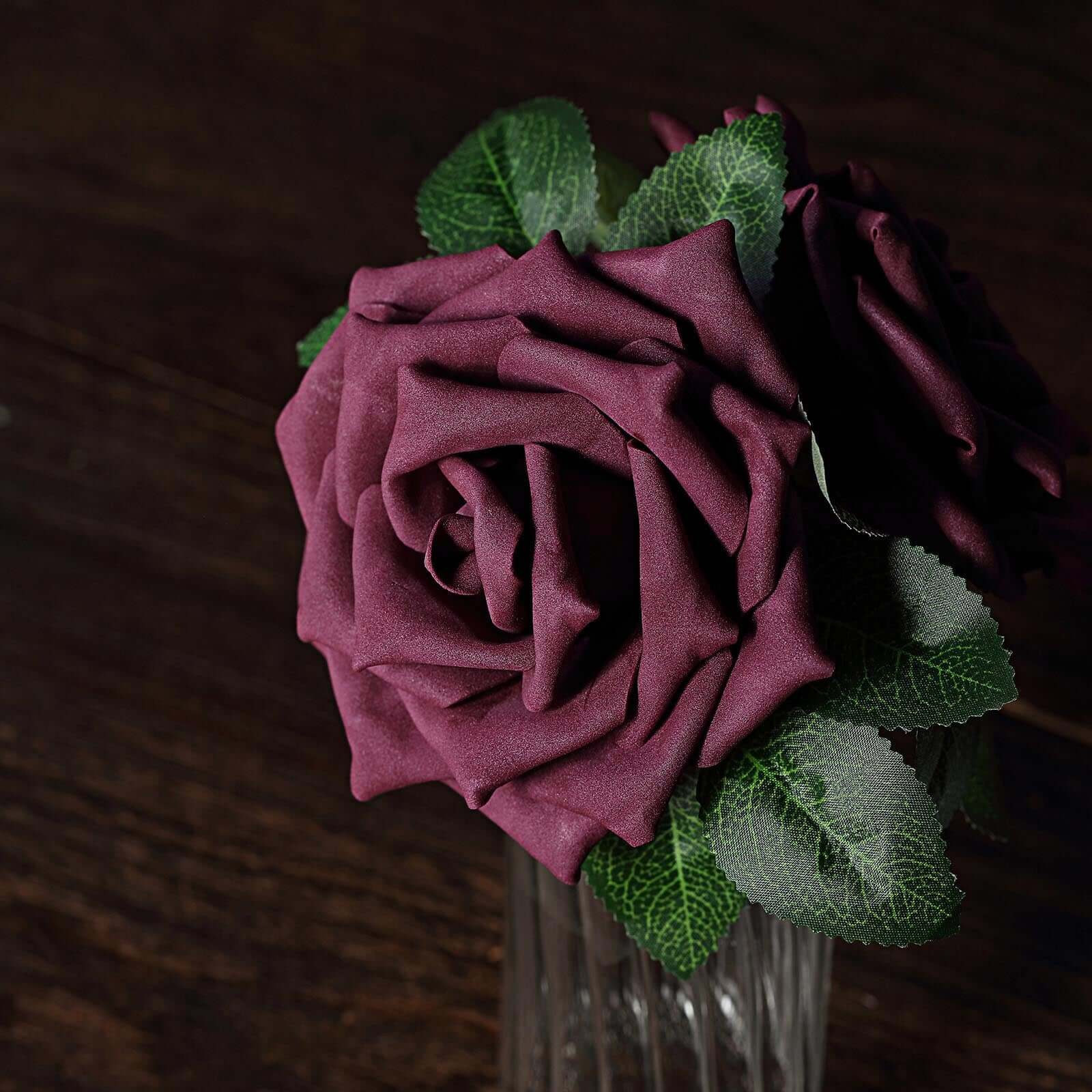 24 Roses 5 Eggplant Artificial Foam Flowers With Stem Wire and Leaves