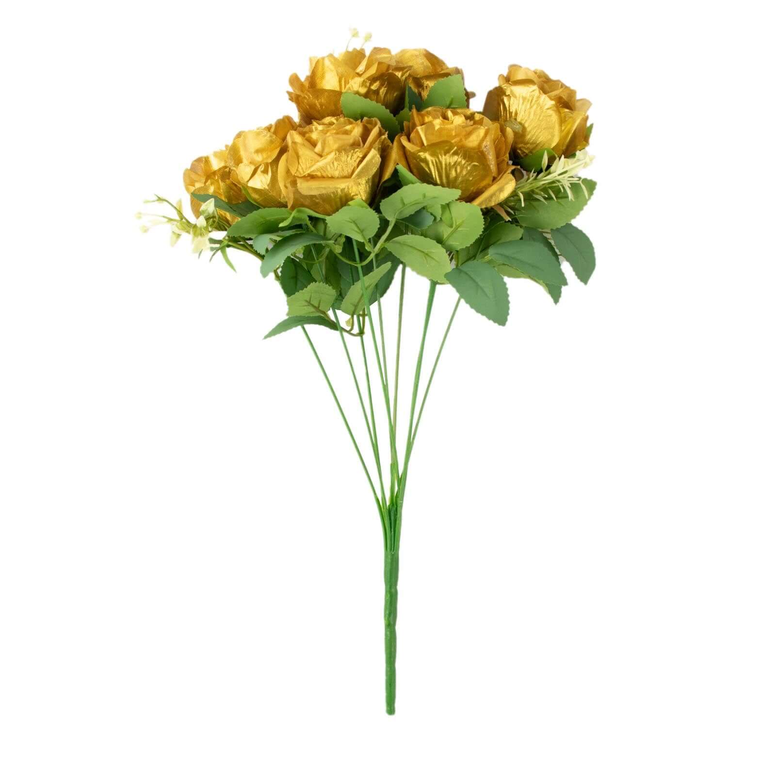2 Bushes 18 Real Touch Gold Artificial Rose Flower Bouquet, Silk Long Stem Flower Arrangements