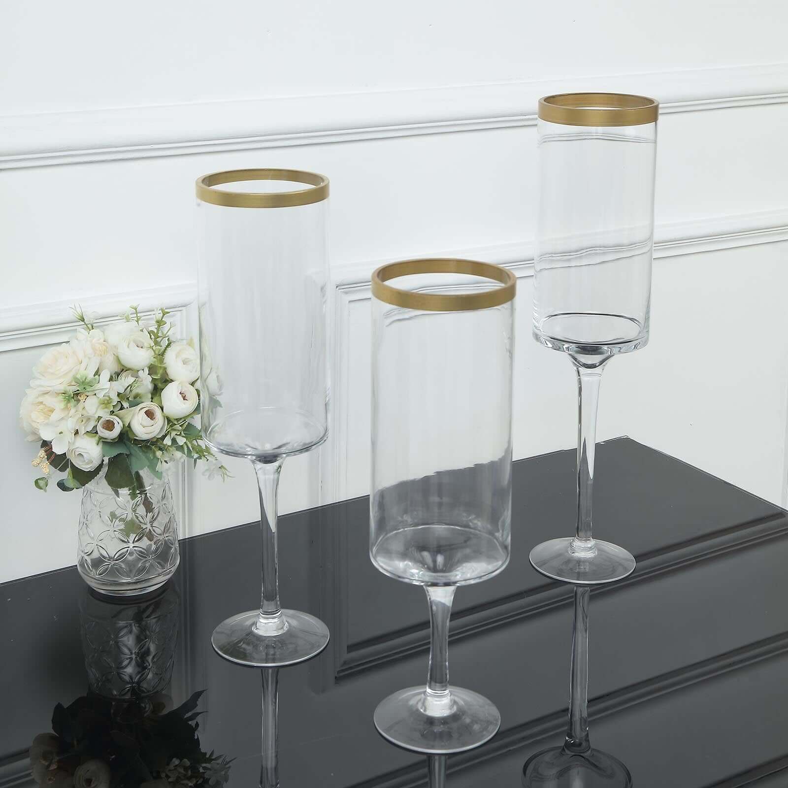 Set of 3 Glass Hurricane Candle Holders Long Stem Clear with Gold Rim - Decorative Pedestal Floral Centerpieces 16, 18, 20