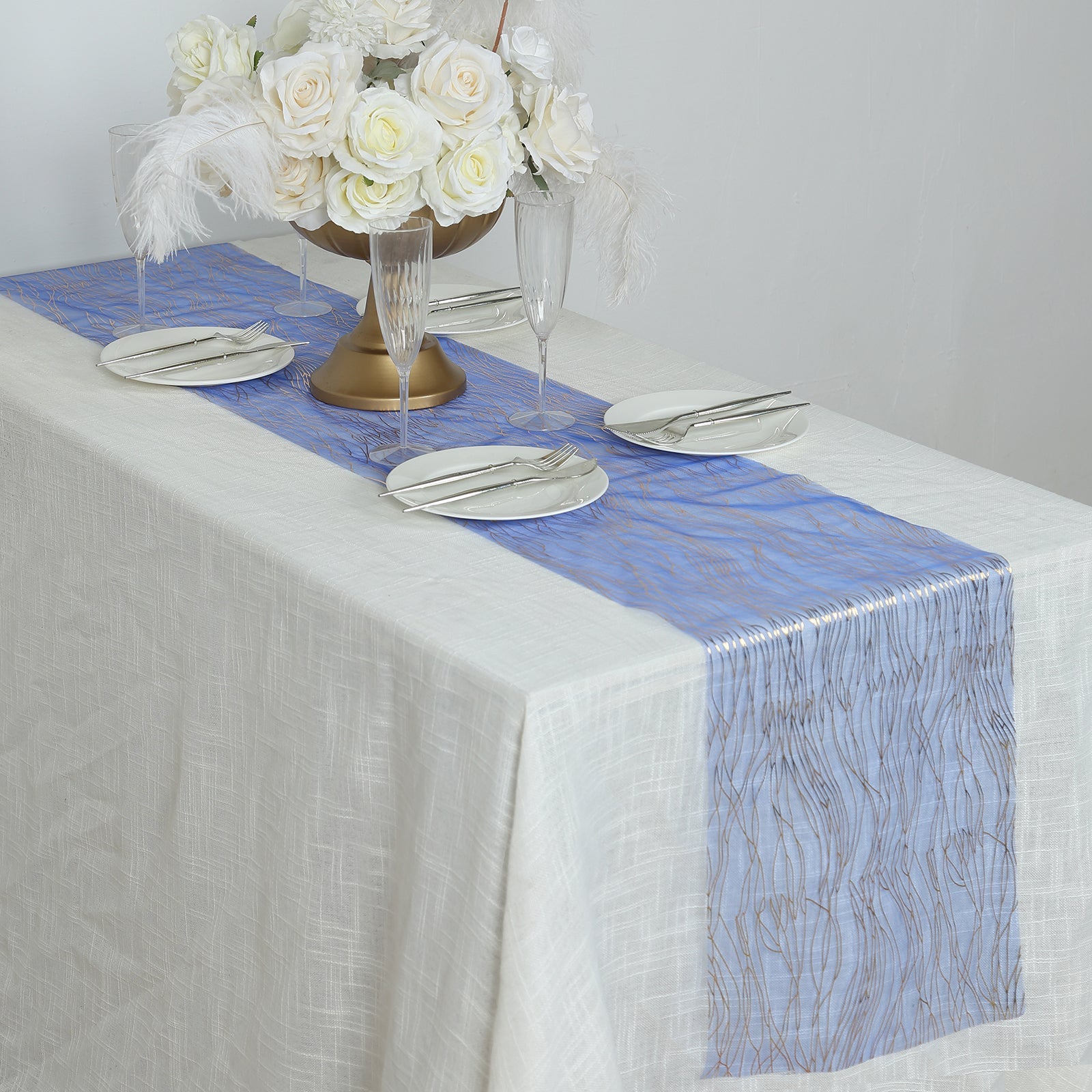 5 Pack Organza 12x108 Table Runners Royal Blue - Gold Wave Design