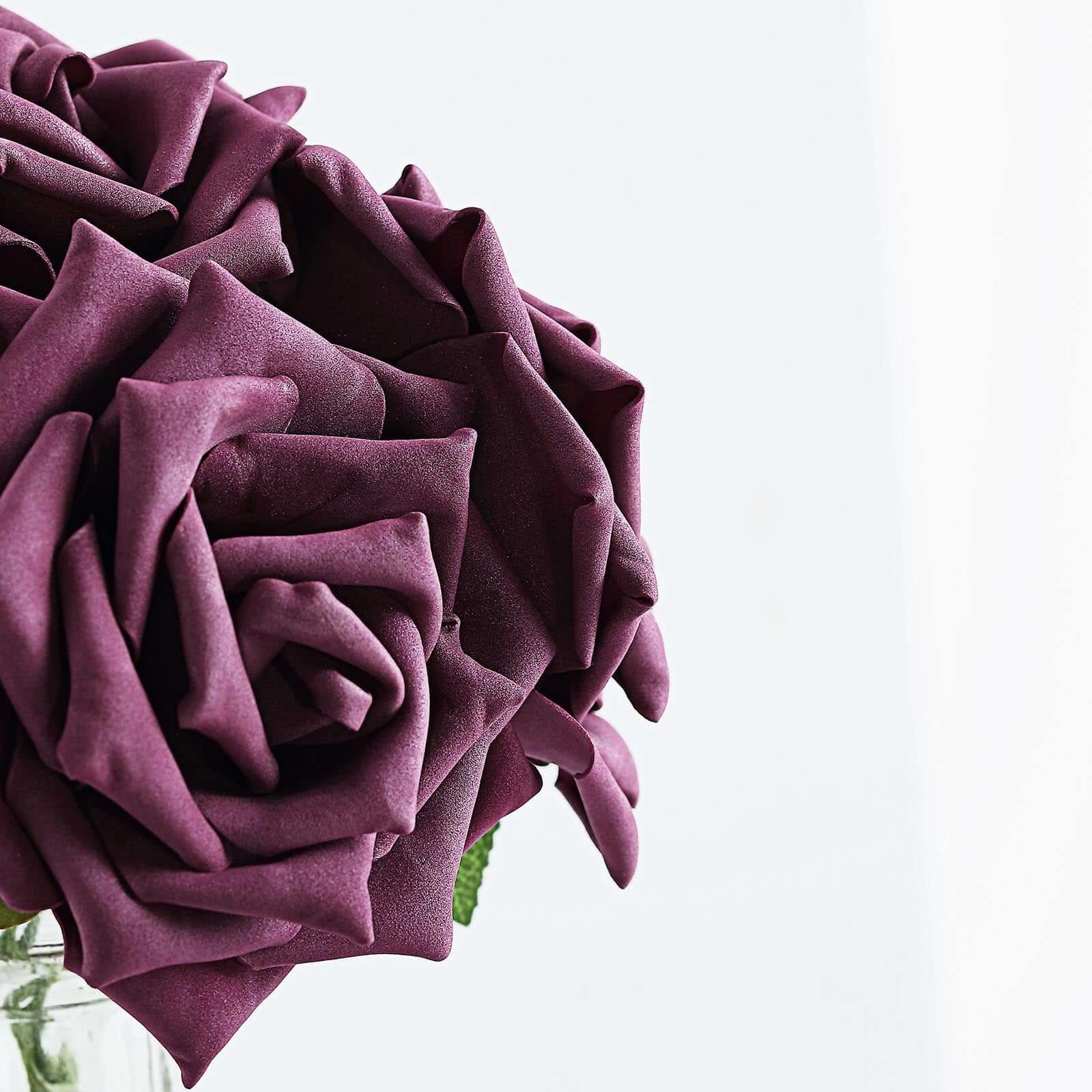 24 Roses 5 Eggplant Artificial Foam Flowers With Stem Wire and Leaves