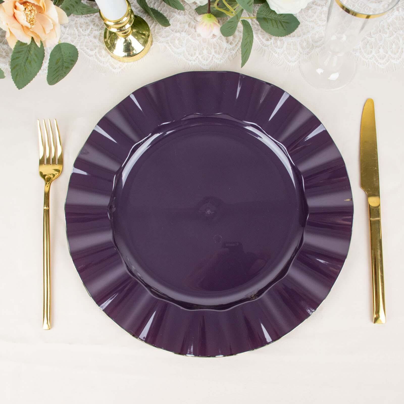 10-Pack Plastic 11 Round Dinner Plates in Purple Ruffled Rim with Gold Edging - Sturdy Disposable Dinnerware