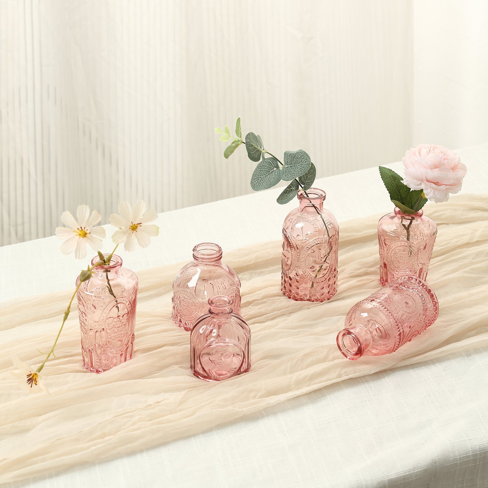 Set of 6 Embossed Glass Bud Vases Vintage Dusty Rose - Apothecary Style Decorative Table Centerpieces