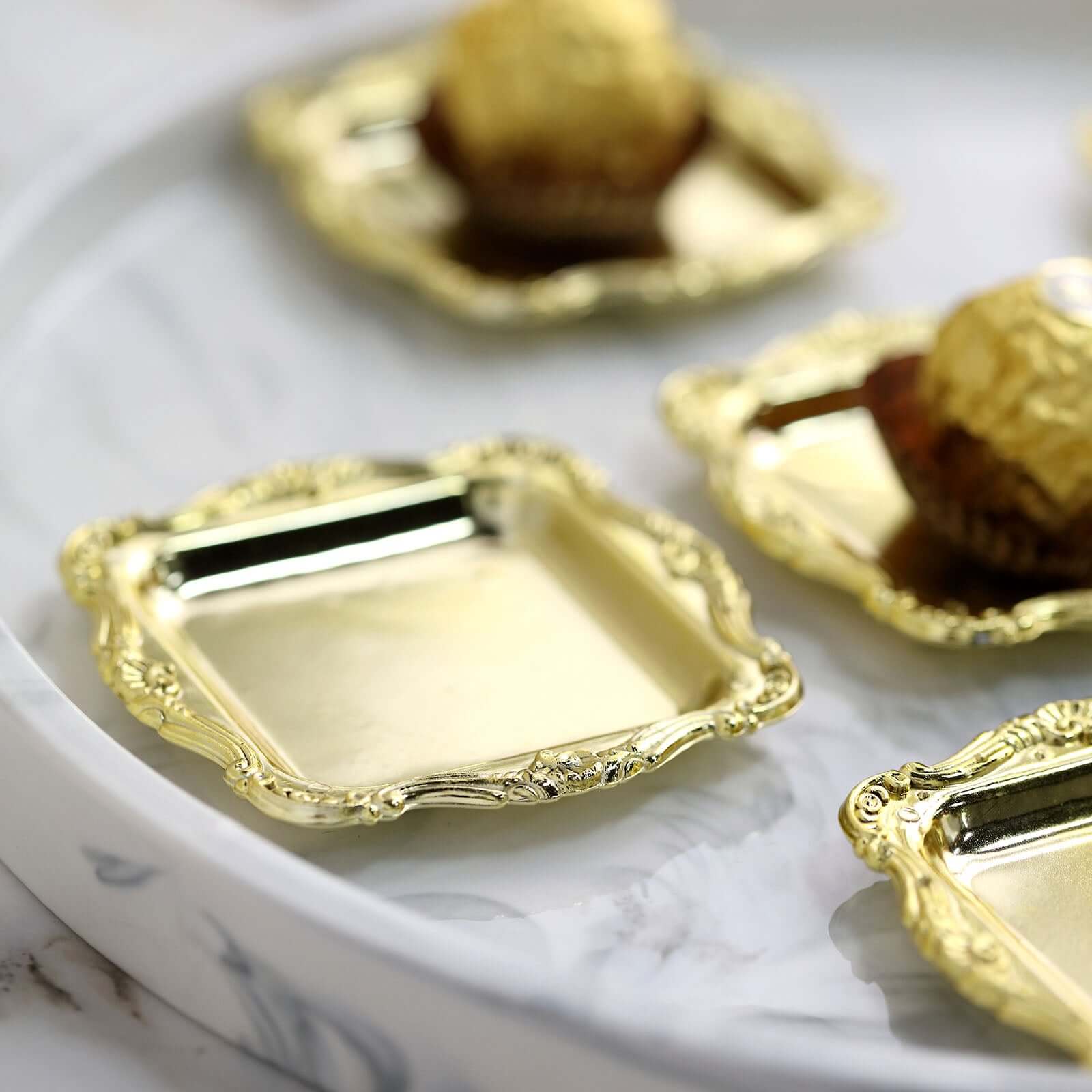 12 Pack 3 Gold Baroque Mini Square Sweet Treats Serving Platter, Party Favor Candy Display Tray