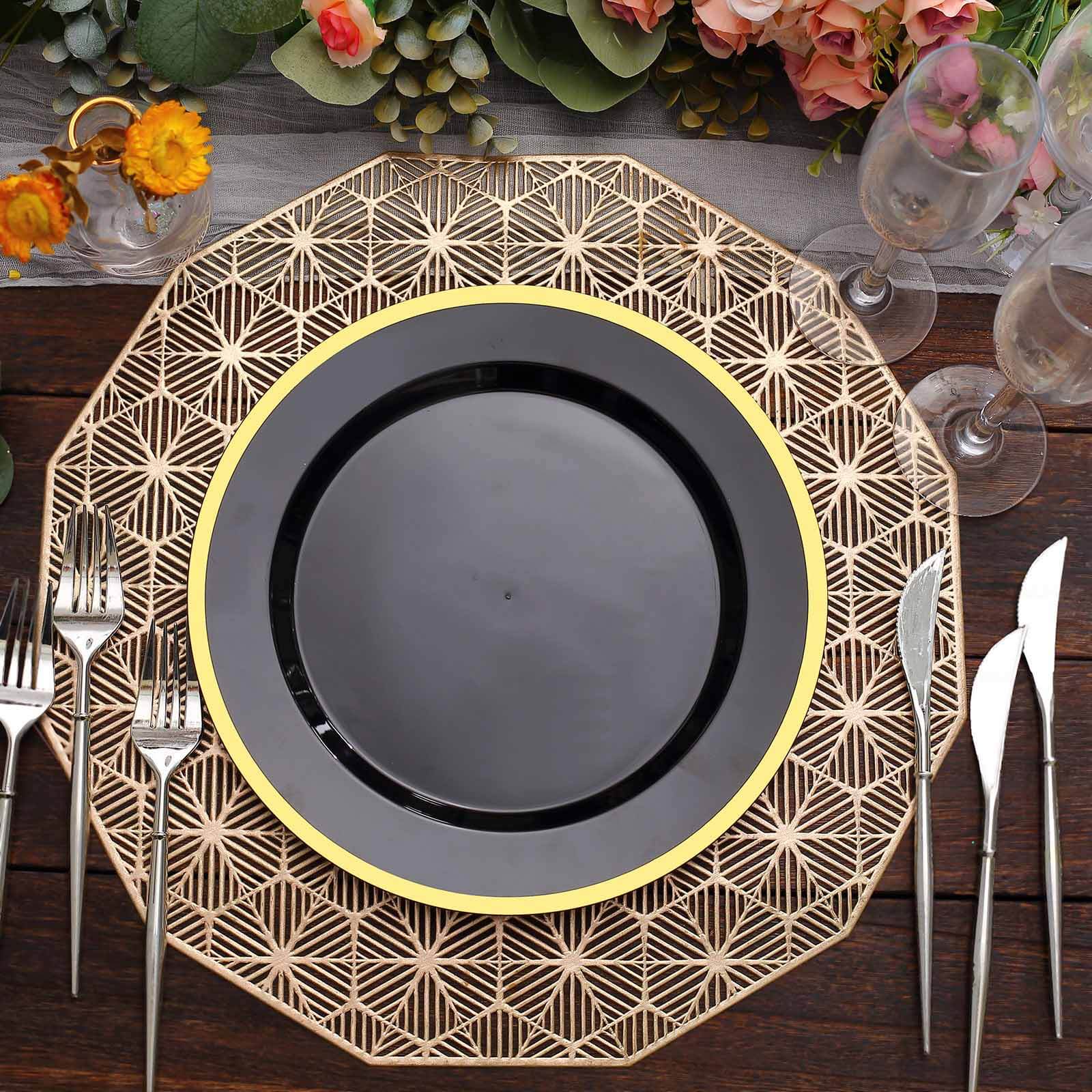 10-Pack Plastic 10 Round Dinner Plates in Black with Gold Rim - Disposable Party Plates for Classy Banquets & Special Occasions