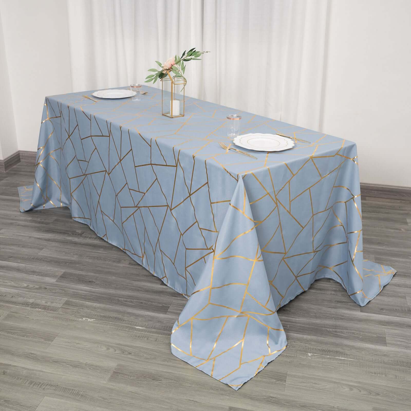 Polyester 60x132 Rectangle Tablecloth Dusty Blue with Gold Foil Geometric Pattern - Wrinkle-Resistant & Durable Table Cover for Weddings & Events