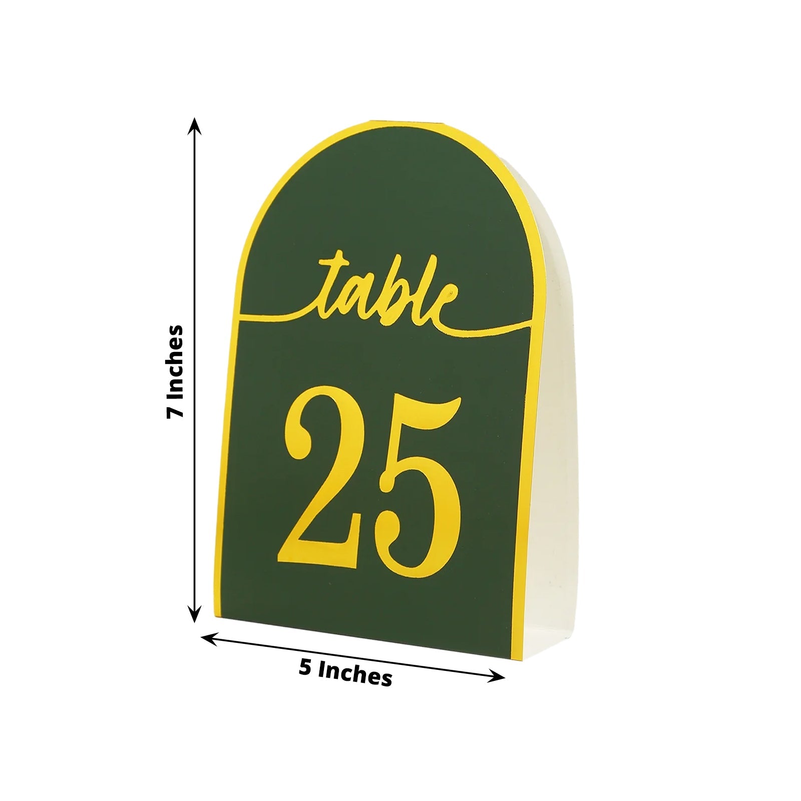 25-Pack Paper Wedding Table Numbers 1-25 Hunter Emerald Green Arch Cutout Design - Sleek & Modern Free Standing Double Sided Table Tent Cards with Metallic Gold Foil Numbers 7