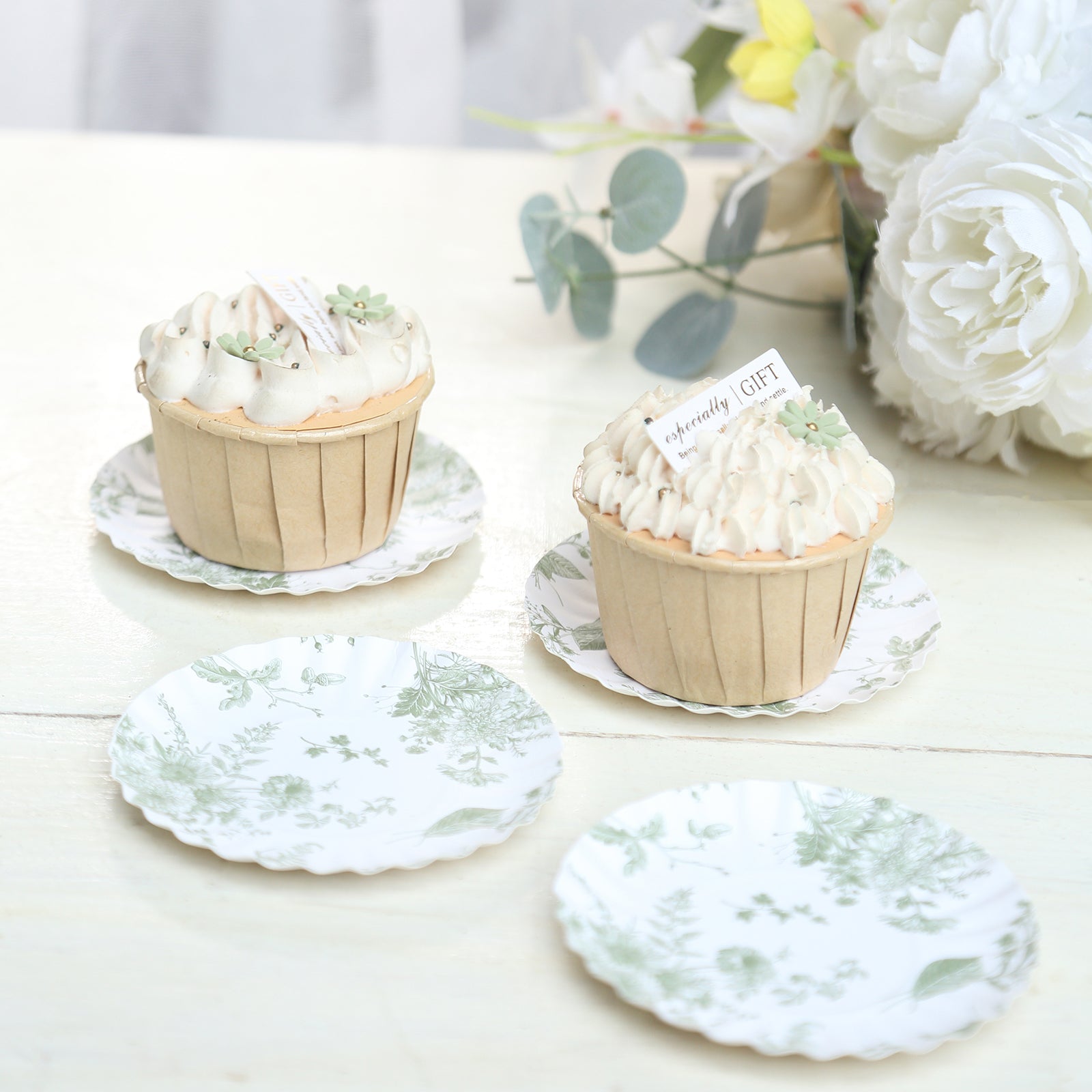 100-Pack Paper 3.5 Round Plates in White with Sage Green French Toile Design & Scalloped Rim - Disposable Mini 250GSM Dessert Party Plates for Tapas, Appetizers & Finger Foods