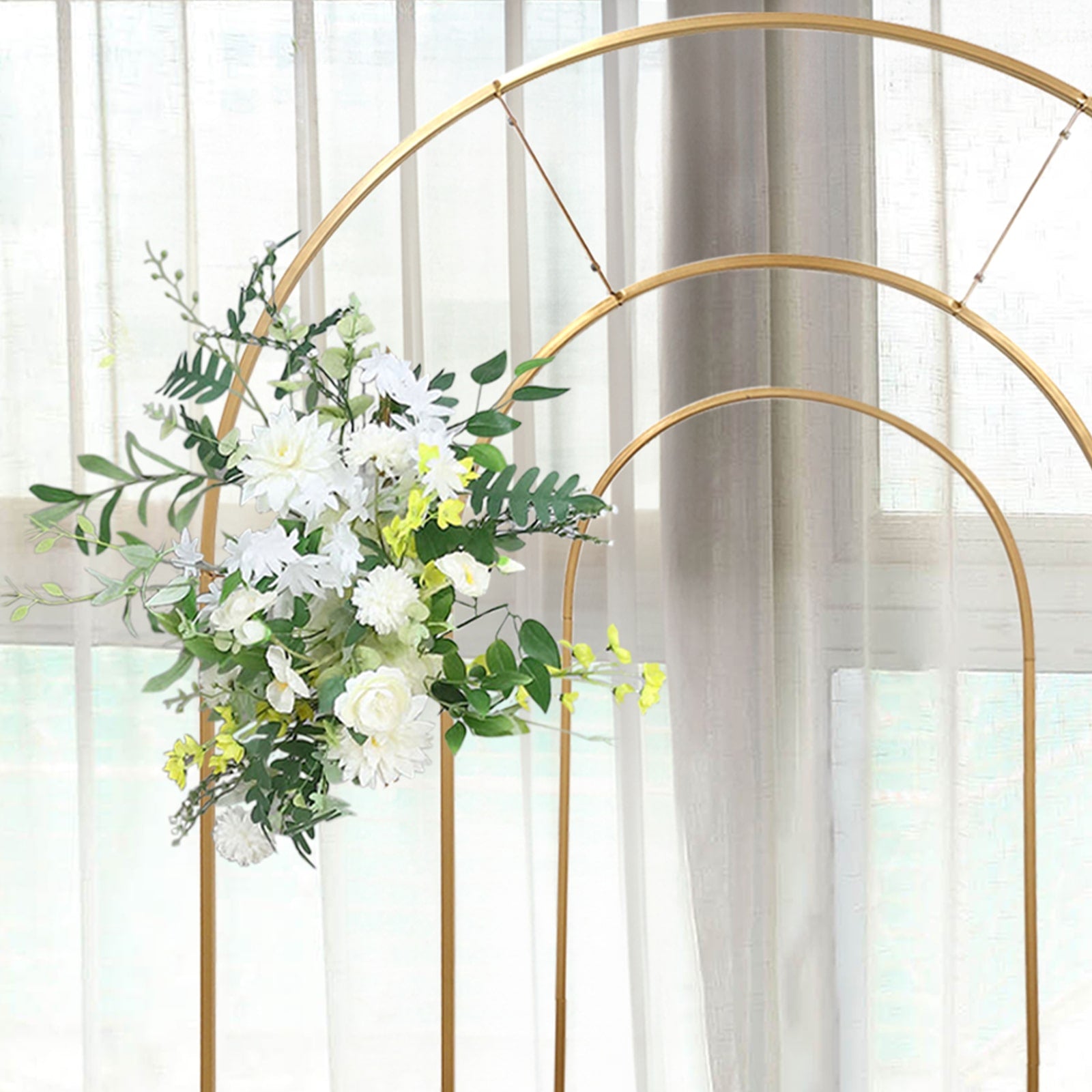 Set of 2 Gold Metal Round Top Chiara Backdrop Stand Wedding Arches, Double Arch Floral Balloon Frame Ceremony Arbors - 6ft,8ft