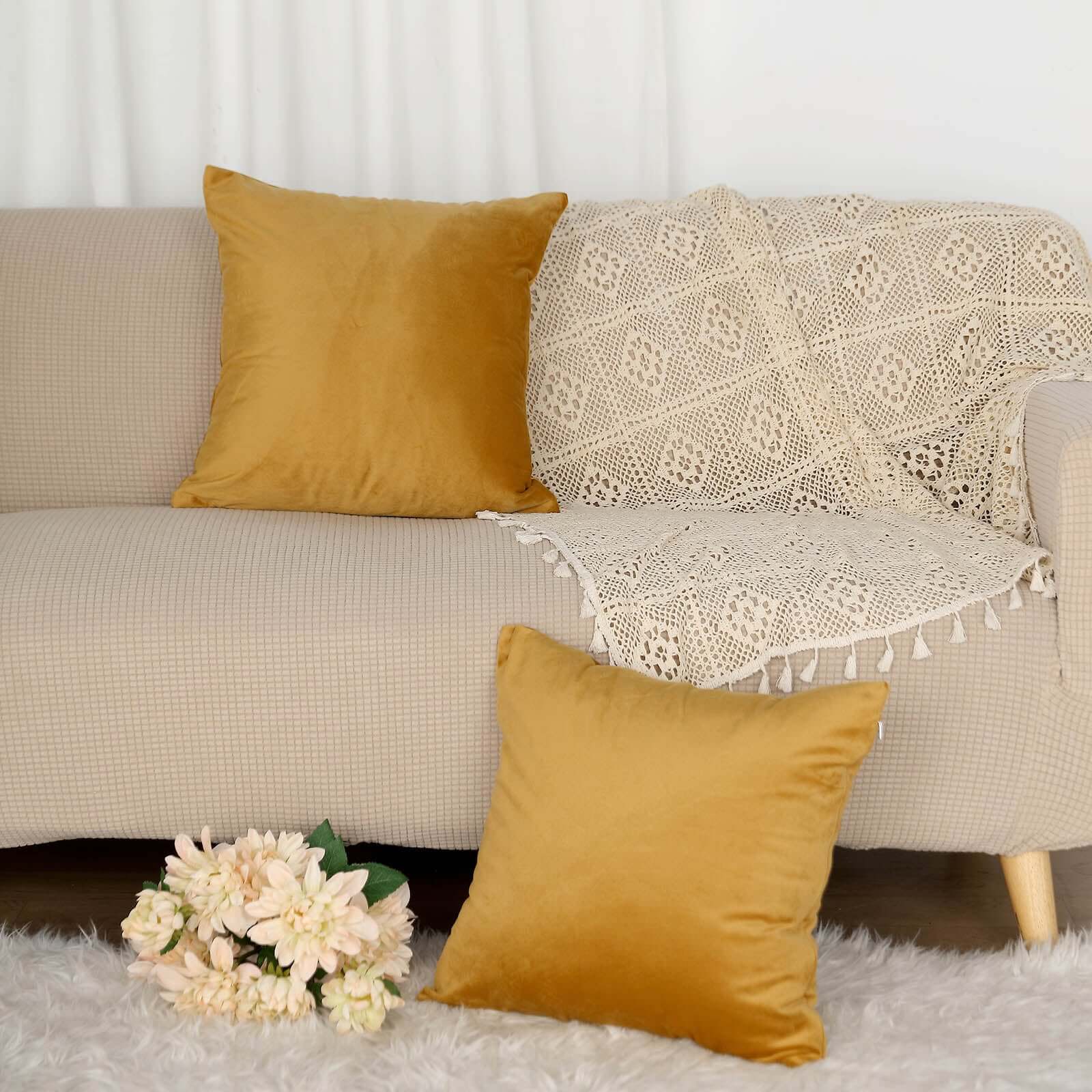 2 Pack 18 Gold Soft Velvet Square Throw Pillow Cover