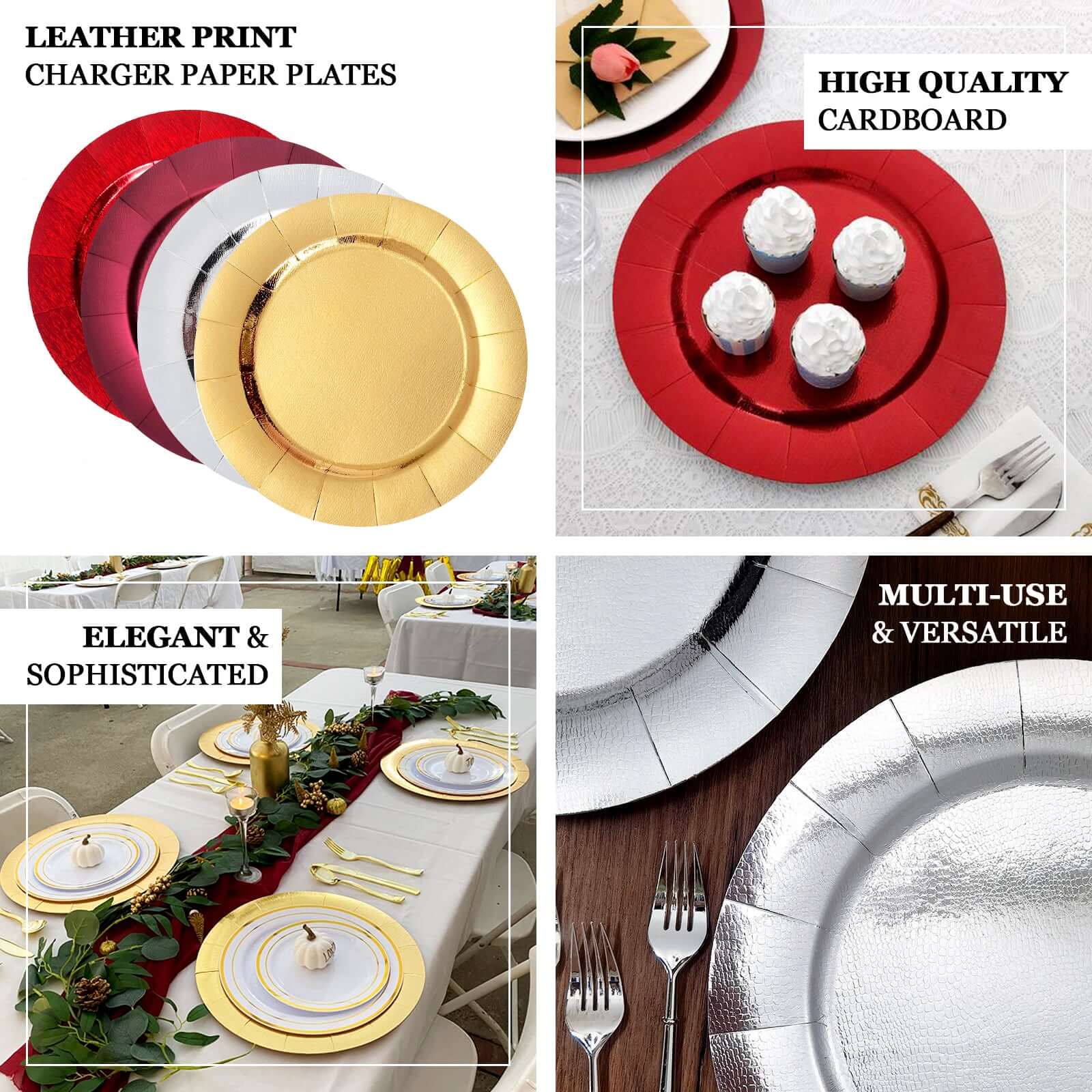 10-Pack Disposable Round Charger Plates in Silver with Leathery Texture - Durable 1100GSM Cardboard Placemats 13