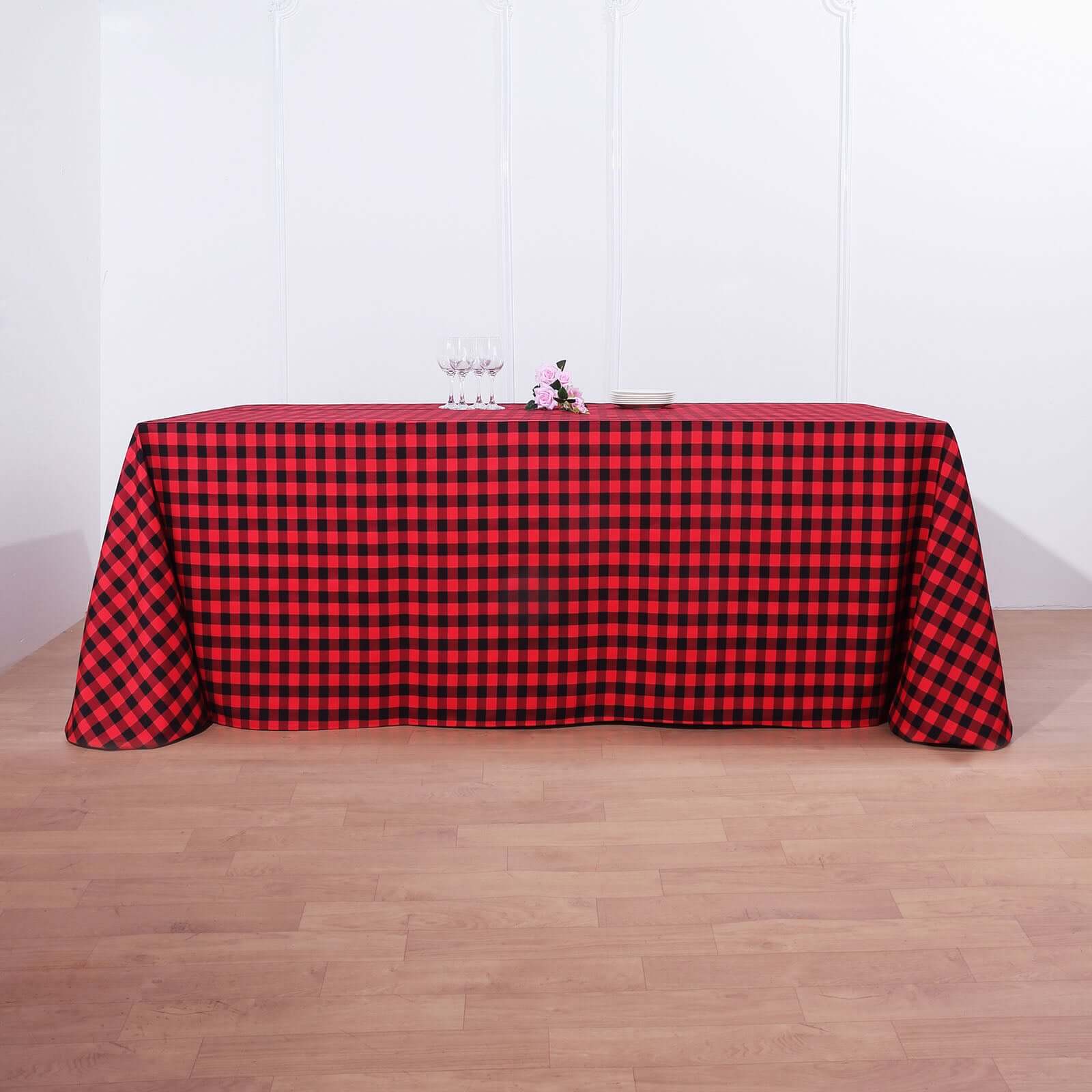 90x156 Black Red Seamless Buffalo Plaid Rectangle Tablecloth, Checkered Polyester Tablecloth for 8 Foot Table With Floor-Length Drop