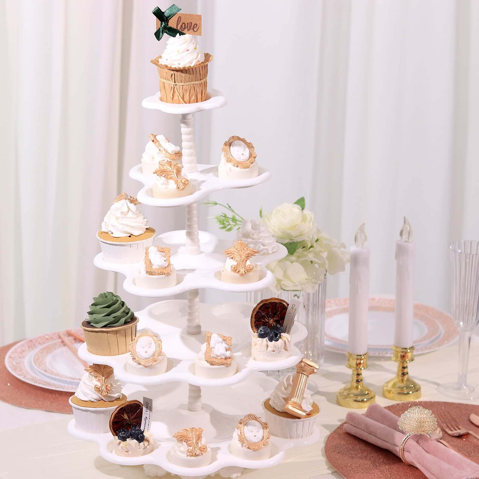 5-Tier Plastic Cupcake Holder Stand White - Dessert Tower with Scalloped Edge Design Versatile Display for Sweet Treats18