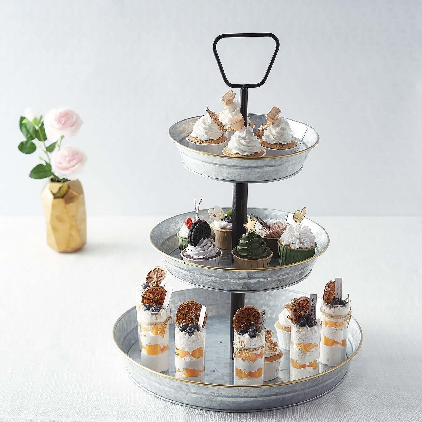 3-Tier Galvanized Metal Cupcake Stand 20 Silver - Sturdy Dessert Serving Tray Platter for Rustic Themed Weddings Backyard Parties & Holiday Spreads