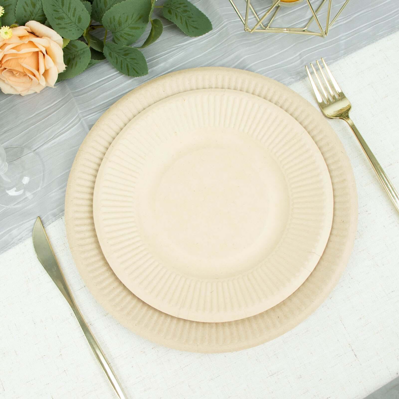 50-Pack Bagasse 8 Round Dessert Plates in Natural with Ribbed Rim - Eco Friendly Sugarcane Appetizer/Salad Plates for Parties & Events