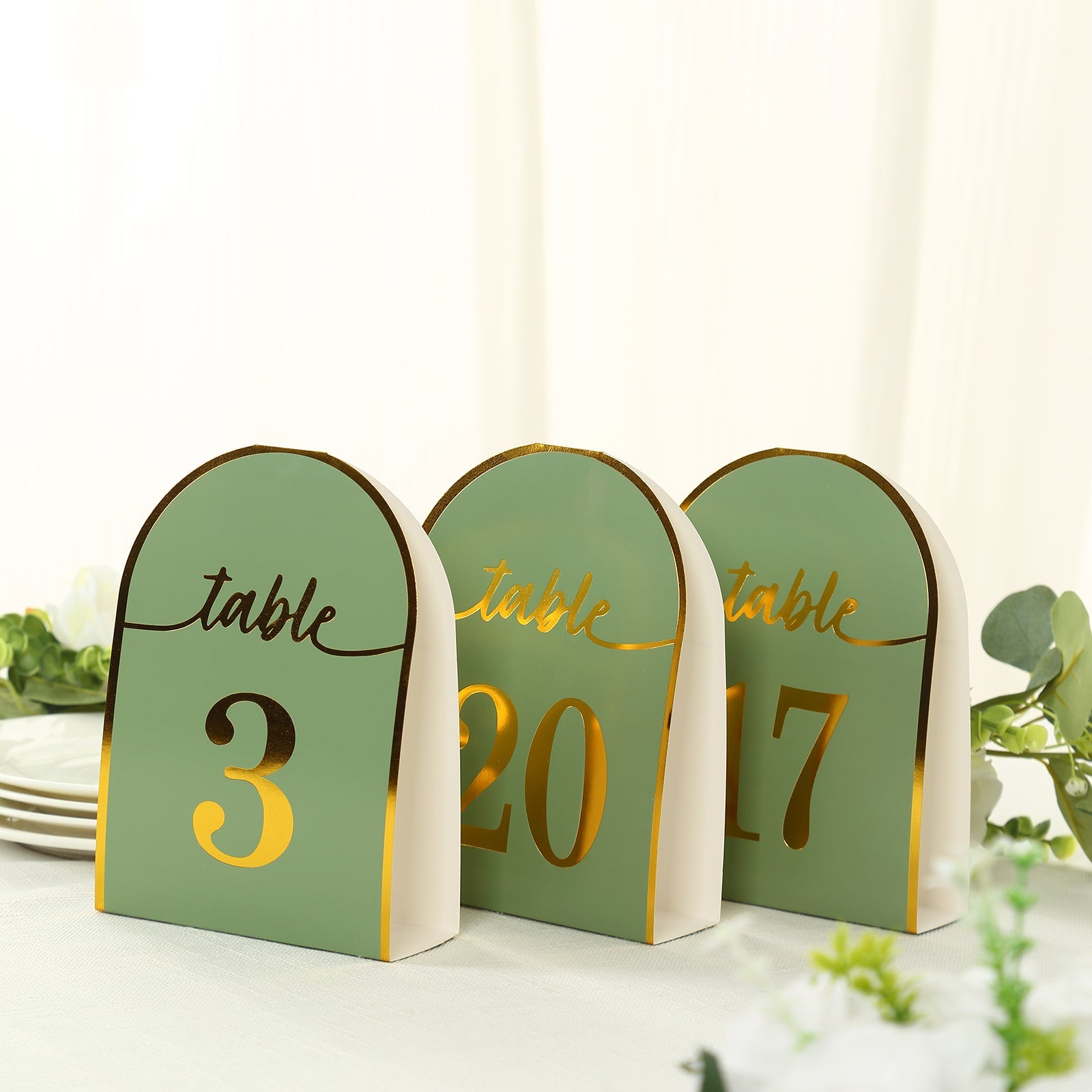 25-Pack Paper Wedding Table Numbers 1-25 Sage Green Arch Cutout Design - Sleek & Modern Free Standing Double Sided Table Tent Cards with Metallic Gold Foil Numbers 7