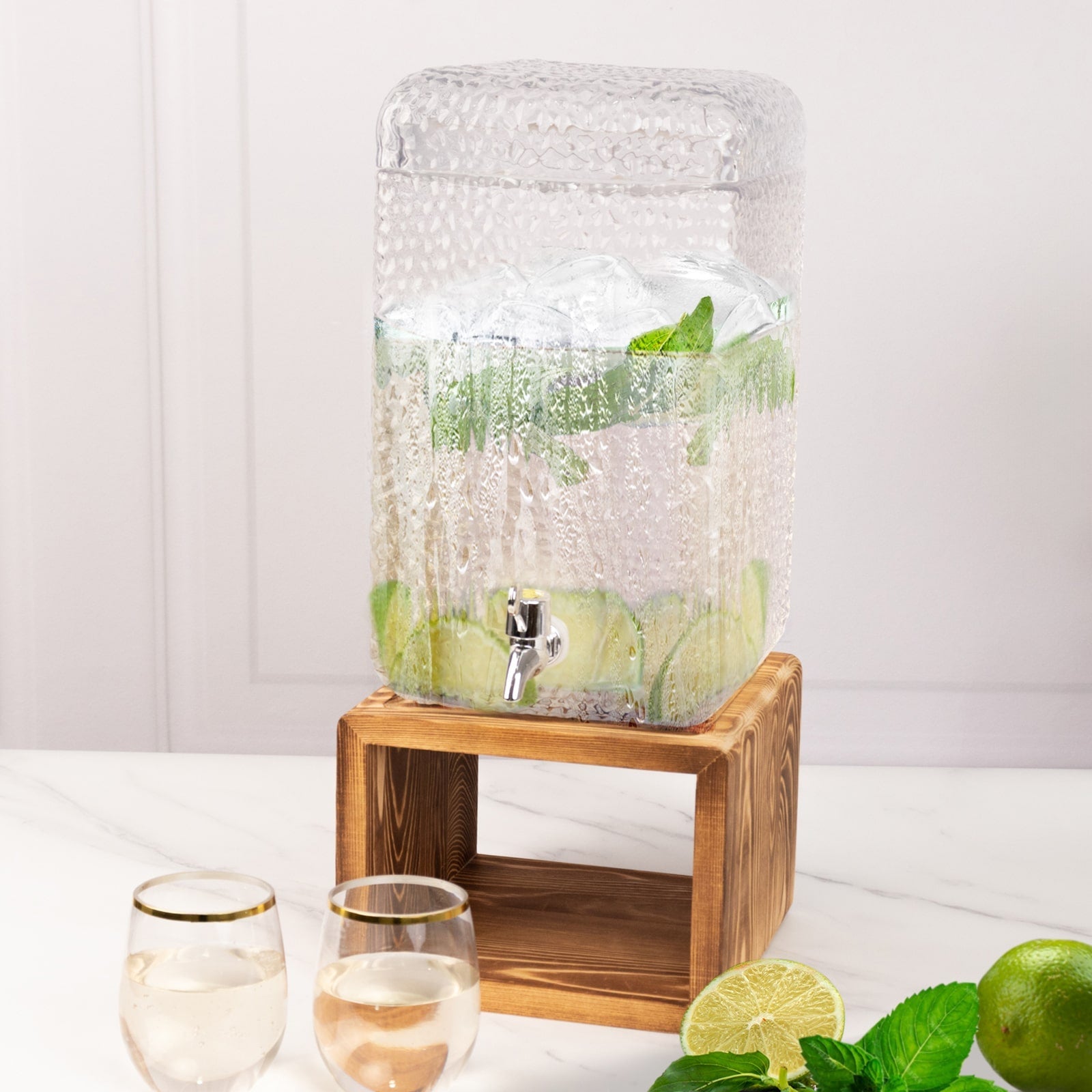 Gallon Clear Hammered Glass Beverage Dispenser, Rectangular Juice Jar with Wooden Stand and Lid - Lead-Free Countertop Feature 19