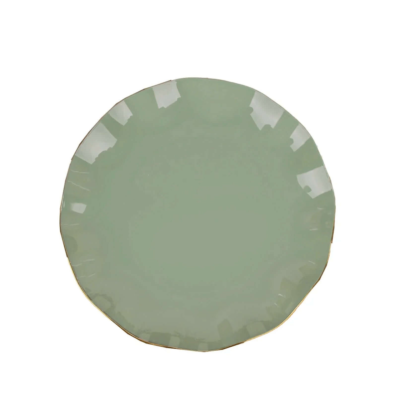 10-Pack Plastic Round 6 Dessert Plates in Dusty Sage Green Ruffled Rim with Gold Edging - Sturdy Disposable Salad Appetizer Dinnerware