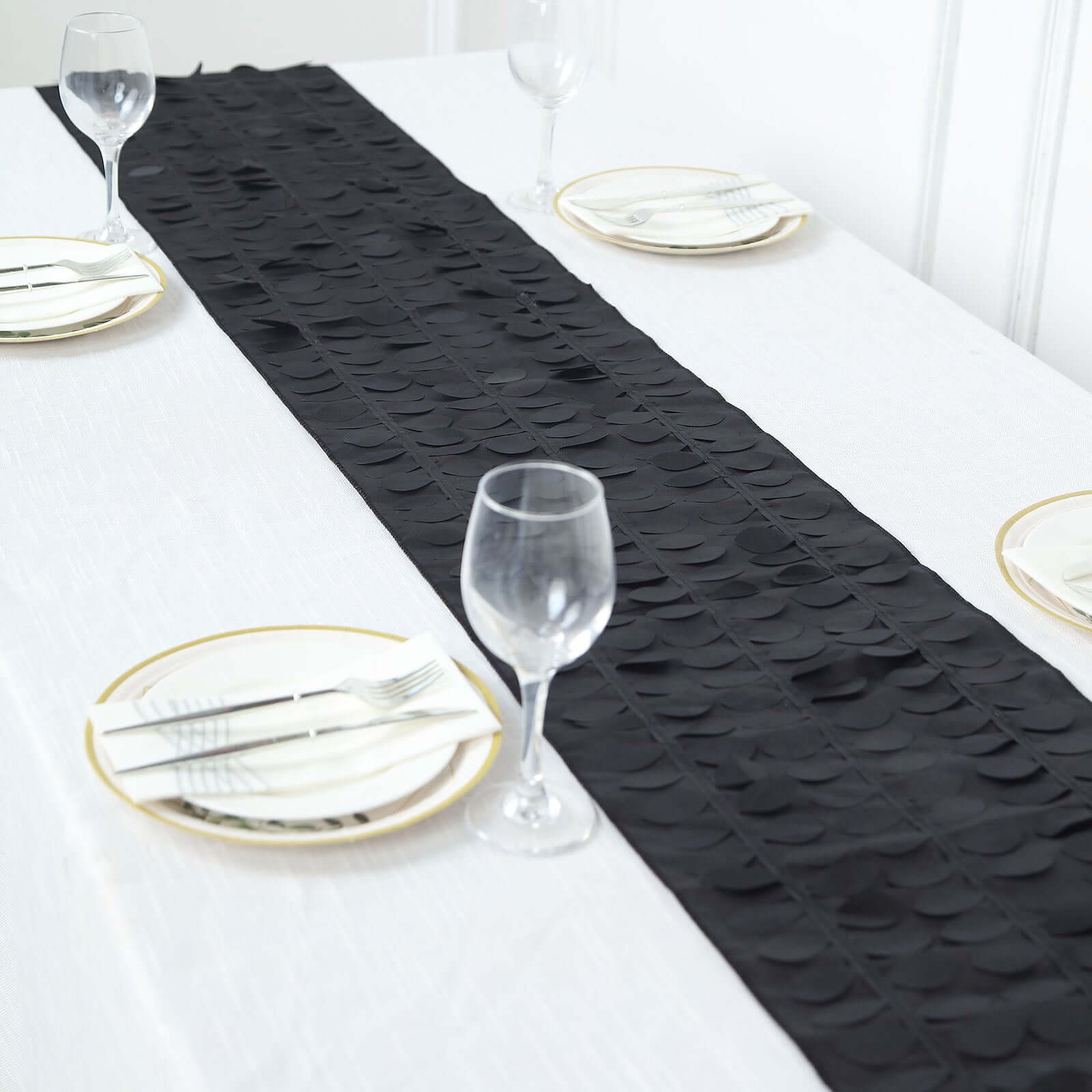 Taffeta Fabric 12x108 Table Runner Black - 3D Leaf Petal Design