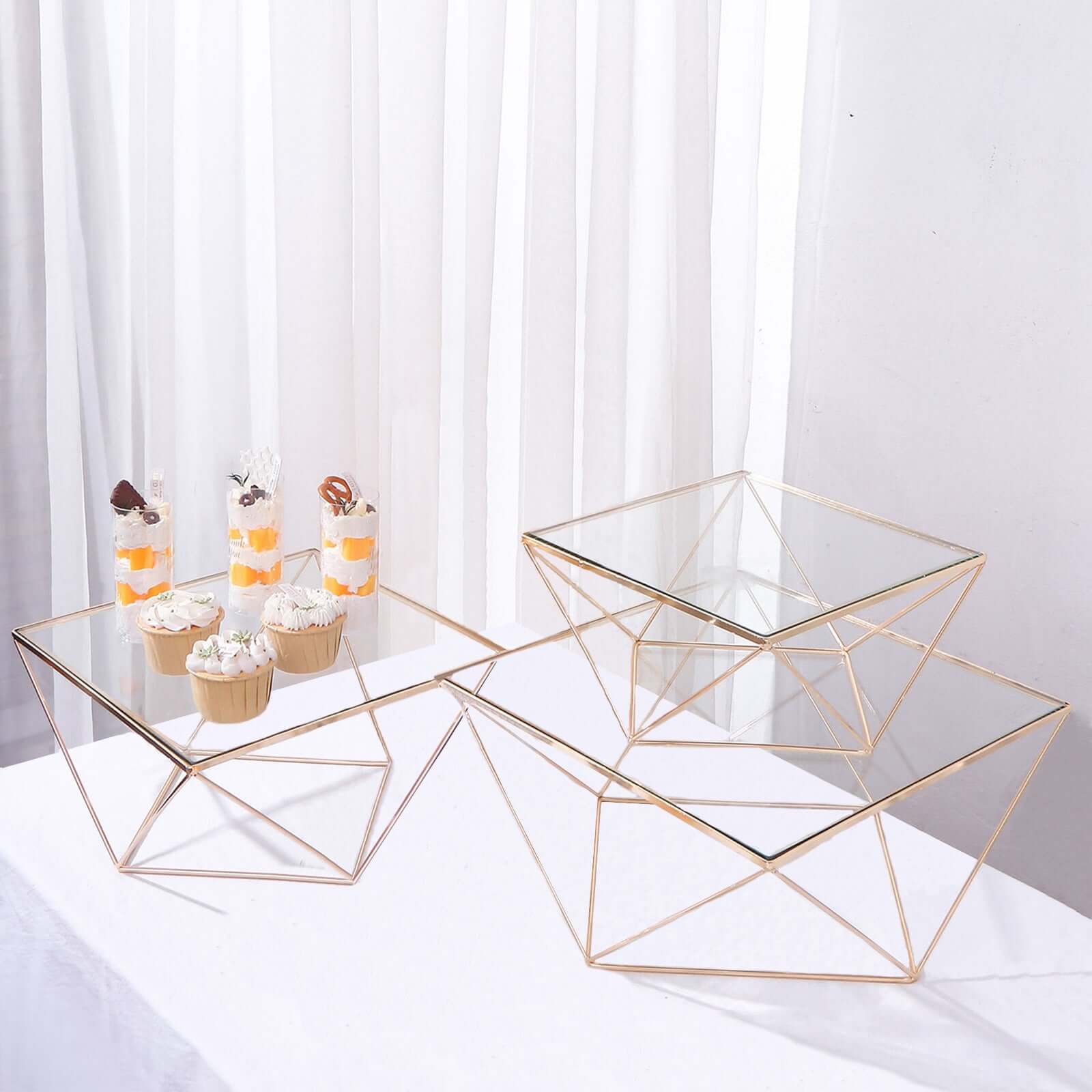 Set of 3 Metal Cake Dessert Stands Geometric Stackable Design Gold with Square Glass Top - Pedestal Display Centerpieces