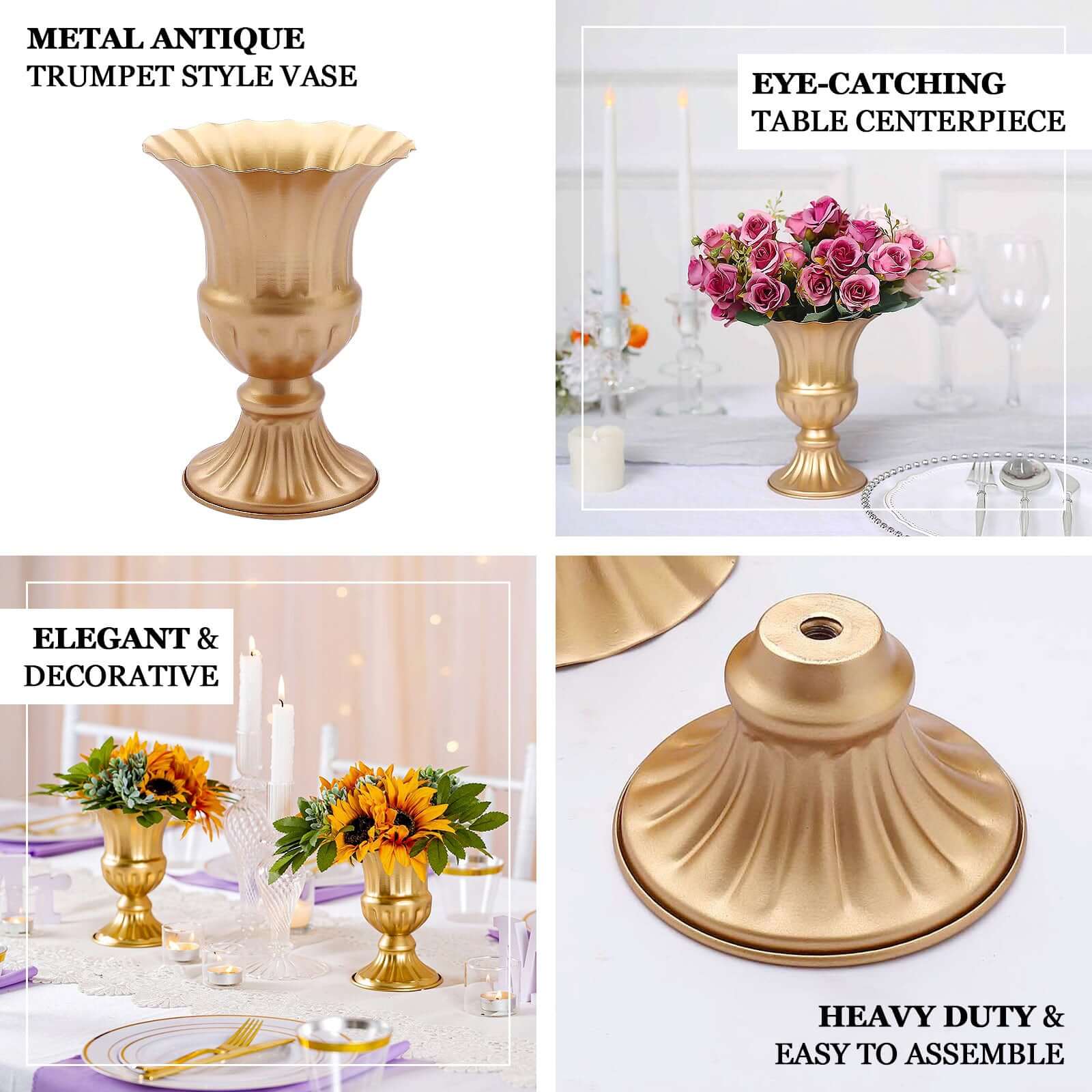 2-Pack Metal Pedestal Flower Vases Trumpet Style Gold - Vintage Mini Compote Vase for Event Table Decor 6