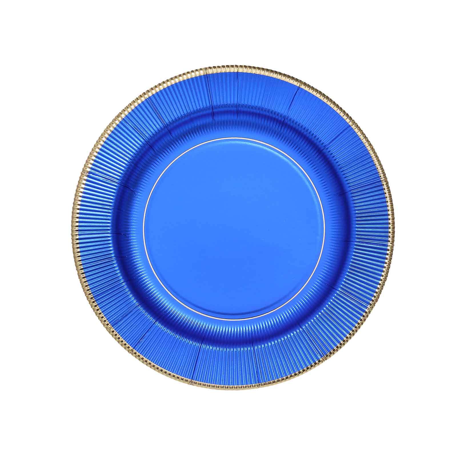 25-Pack Paper 10 Round Dinner Plates in Royal Blue Sunray Design with Gold Rim - Disposable Heavy Duty 350GSM Party Plates