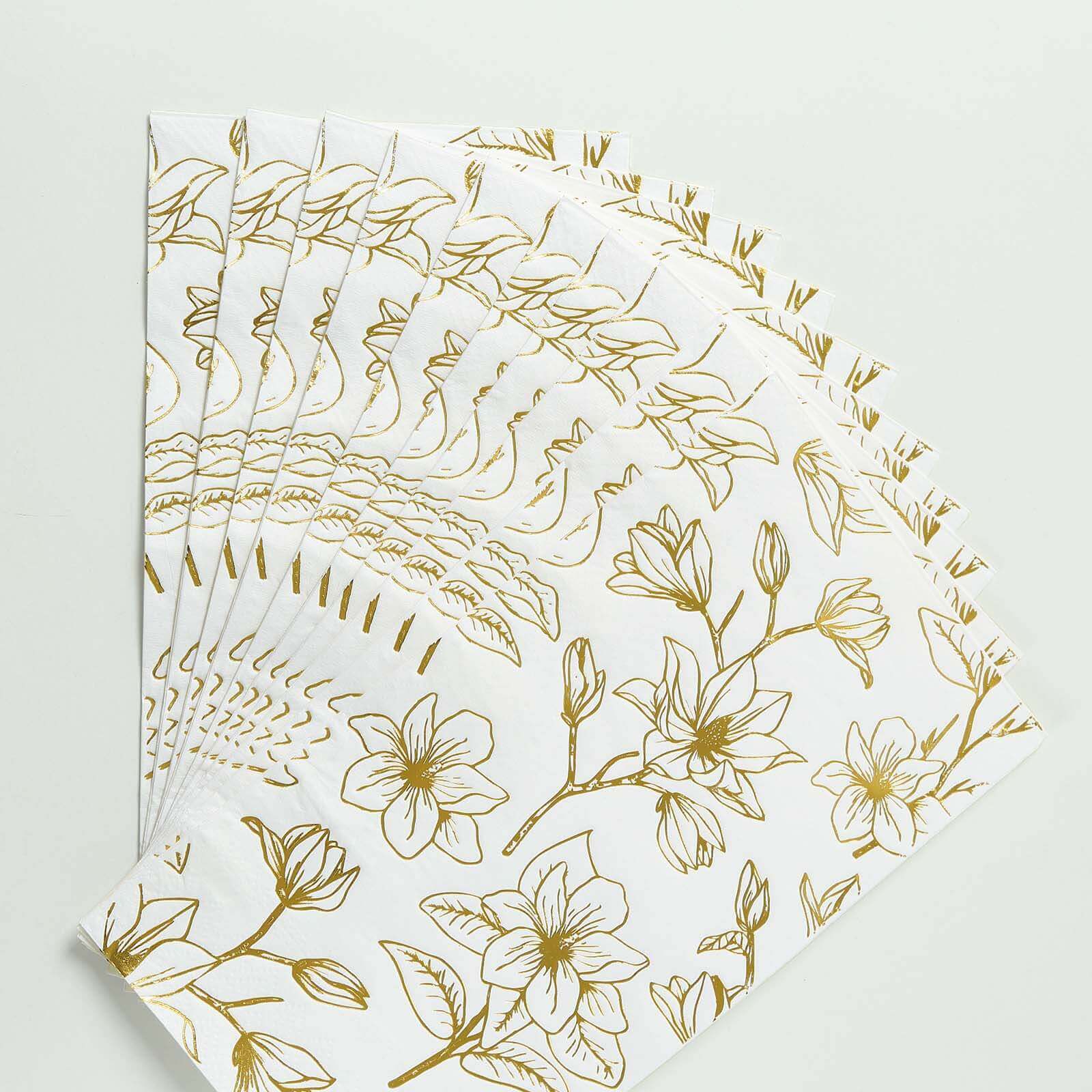 50-Pack Paper Dinner Napkins White with Gold Magnolia Flowers Print 2-Ply - Disposable Soft Napkins for Parties