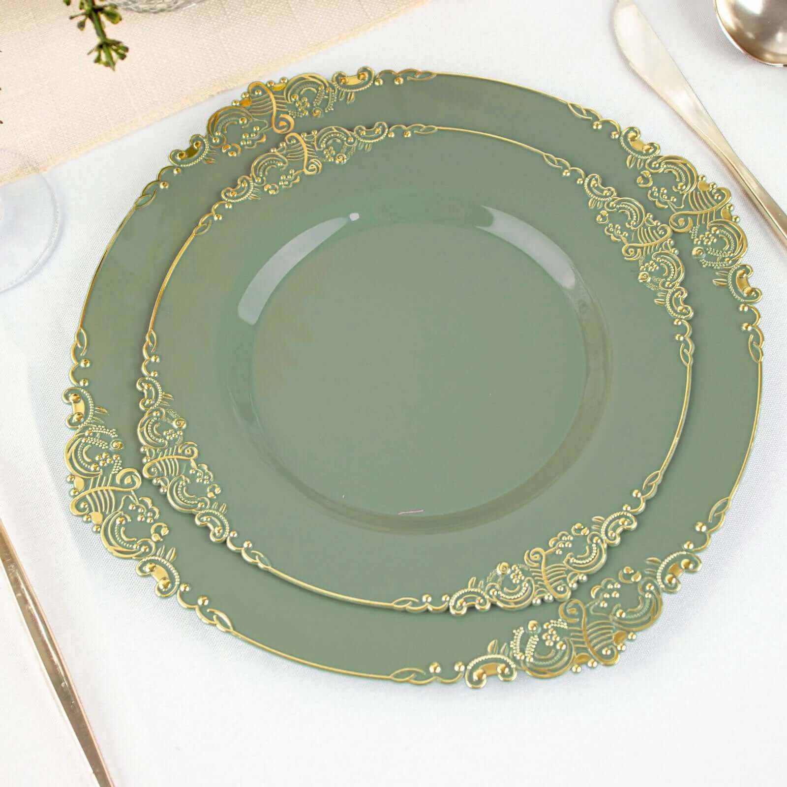 10-Pack Plastic 8 Round Dessert Plates in Dusty Sage Green with Gold Leaf Embossed Rim - Disposable Vintage Baroque Style Salad Plates