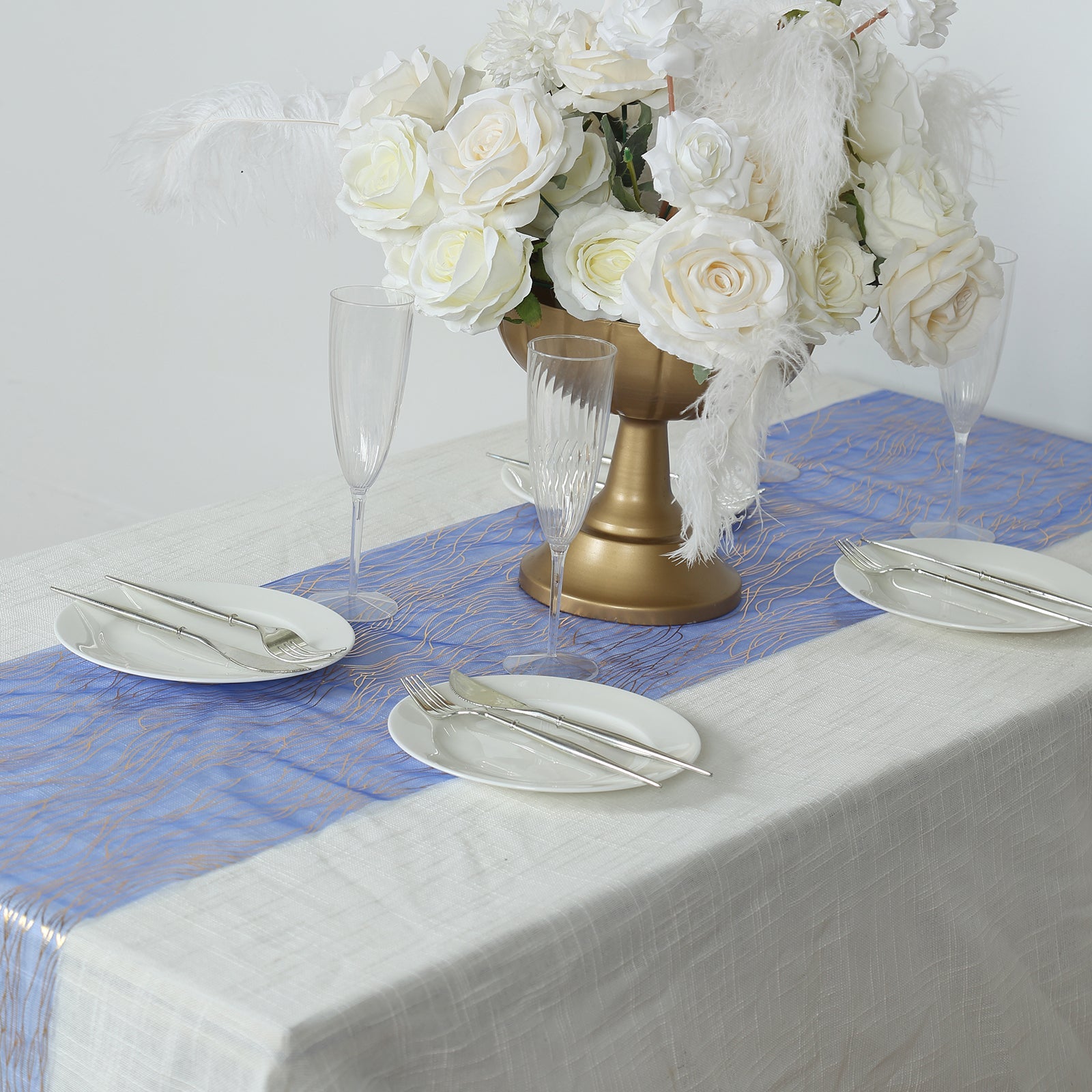 5 Pack Organza 12x108 Table Runners Royal Blue - Gold Wave Design