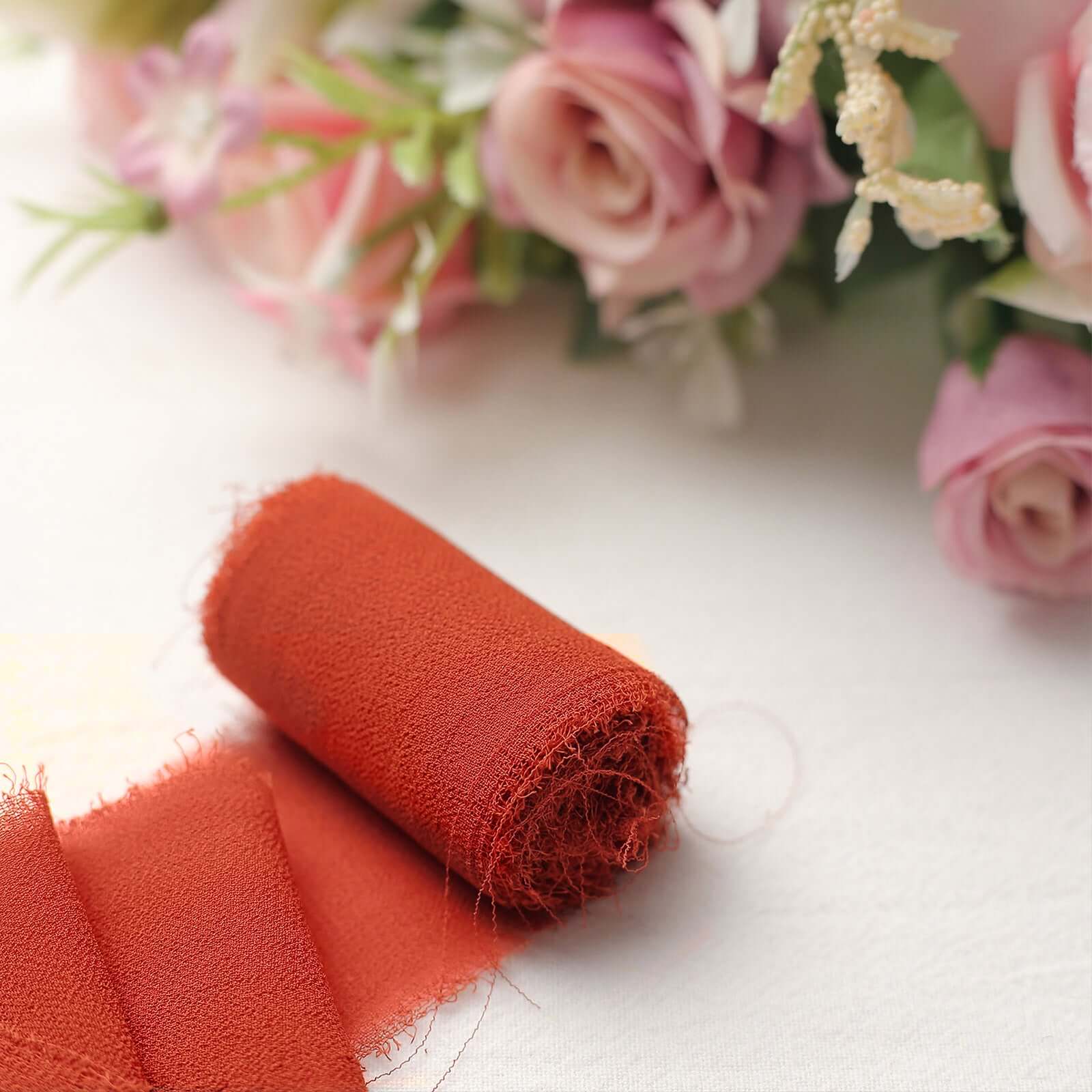 2 Pack 6yds Terracotta (Rust) Silk-Like Chiffon Ribbon Roll, DIY Wedding Bouquet Linen Wrap