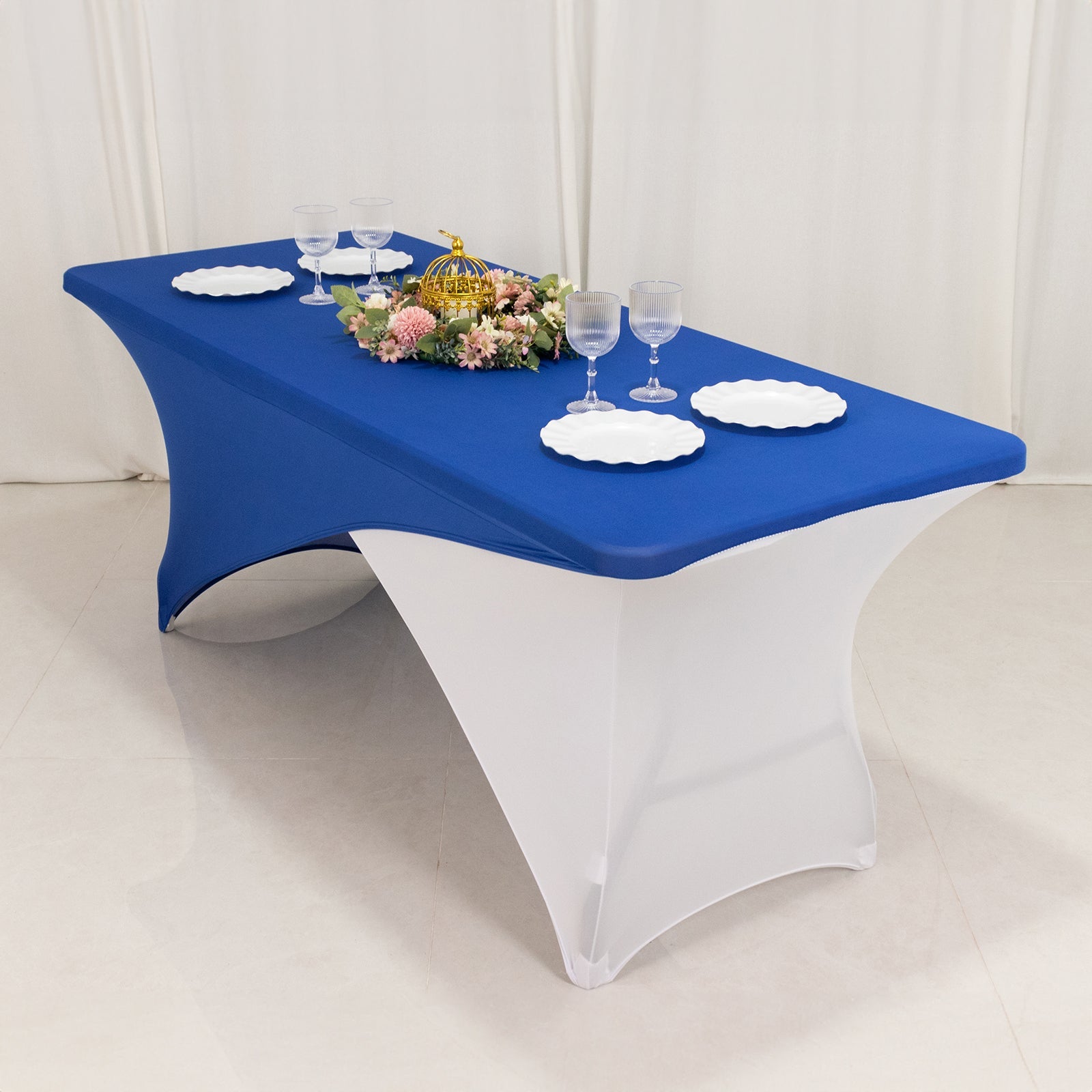 Stretch Spandex 72x30 Rectangle Table Cover Royal Blue/White Cross Over Design - Two-Piece Fitted Tablecloth with Elastic Foot Pockets