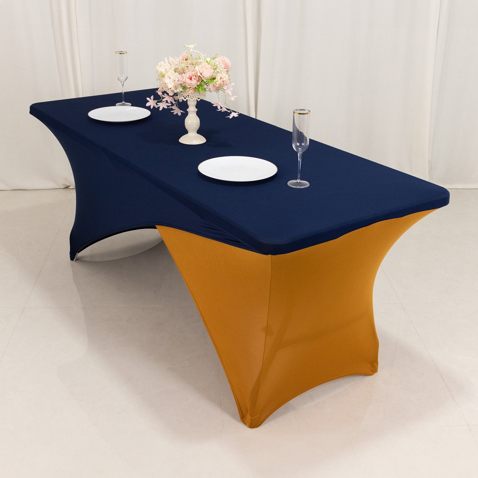 Stretch Spandex 72x30 Rectangle Table Cover Navy Blue/Gold Cross Over Design - Two-Piece Fitted Tablecloth with Elastic Foot Pockets