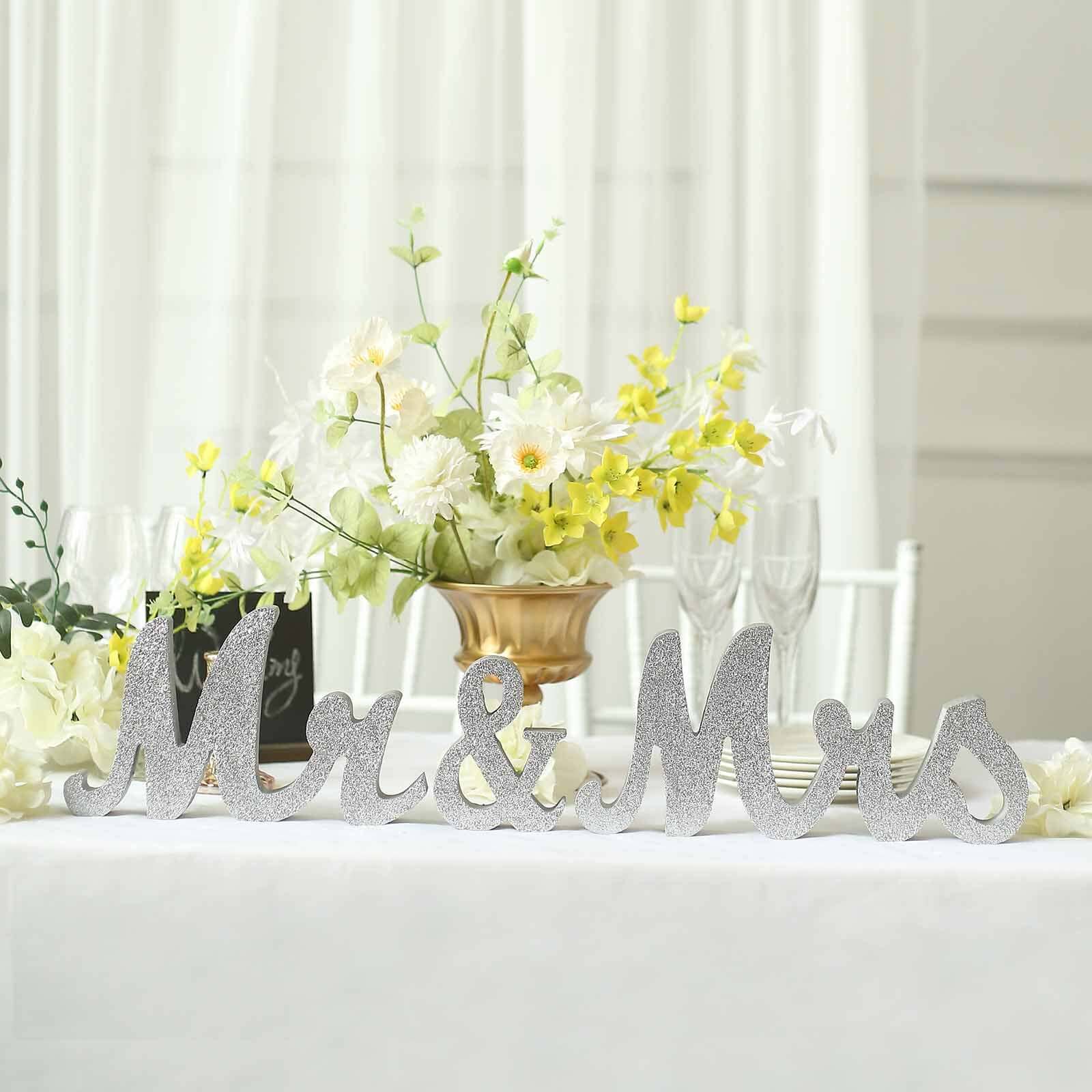 Wooden Mr & Mrs Freestanding Letters Silver Glittered - Rustic Glam Wedding Table Display Signs