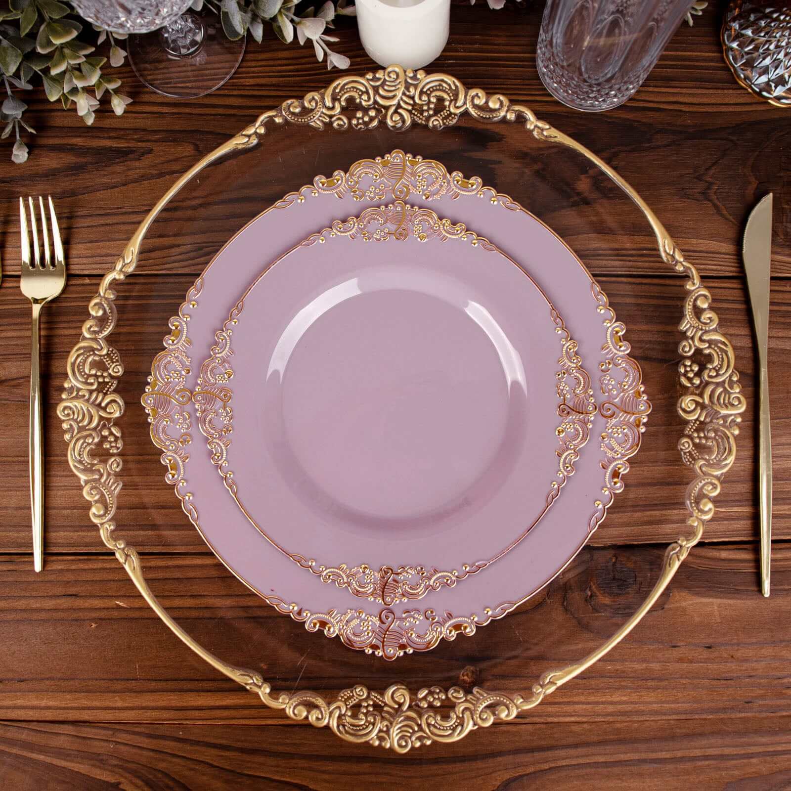 10-Pack Plastic 8 Round Dessert Plates in Lavender Lilac with Gold Leaf Embossed Rim - Disposable Vintage Baroque Style Salad Plates