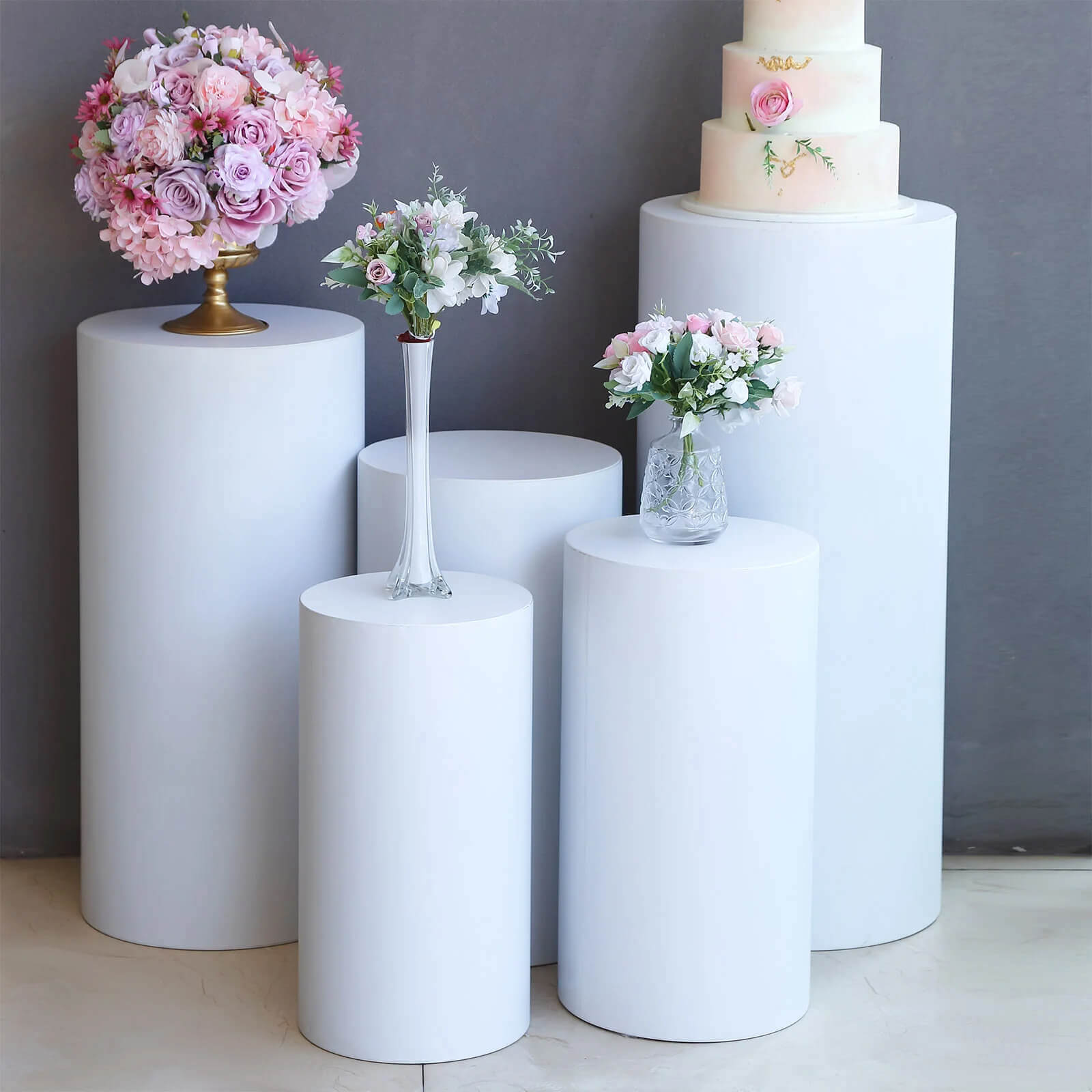 Set of 5 White Metal Cylinder Pillar Prop Stands For Wedding Aisle, Round Plinth Pedestal Display Boxes - 20, 22, 24, 30, 34